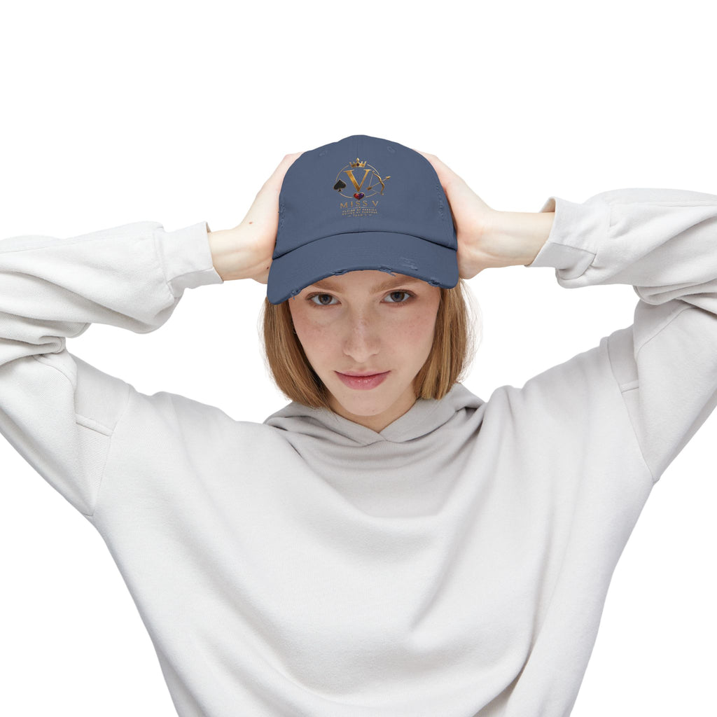 Distressed Black Cap — Miss V Crown & Card Emblem