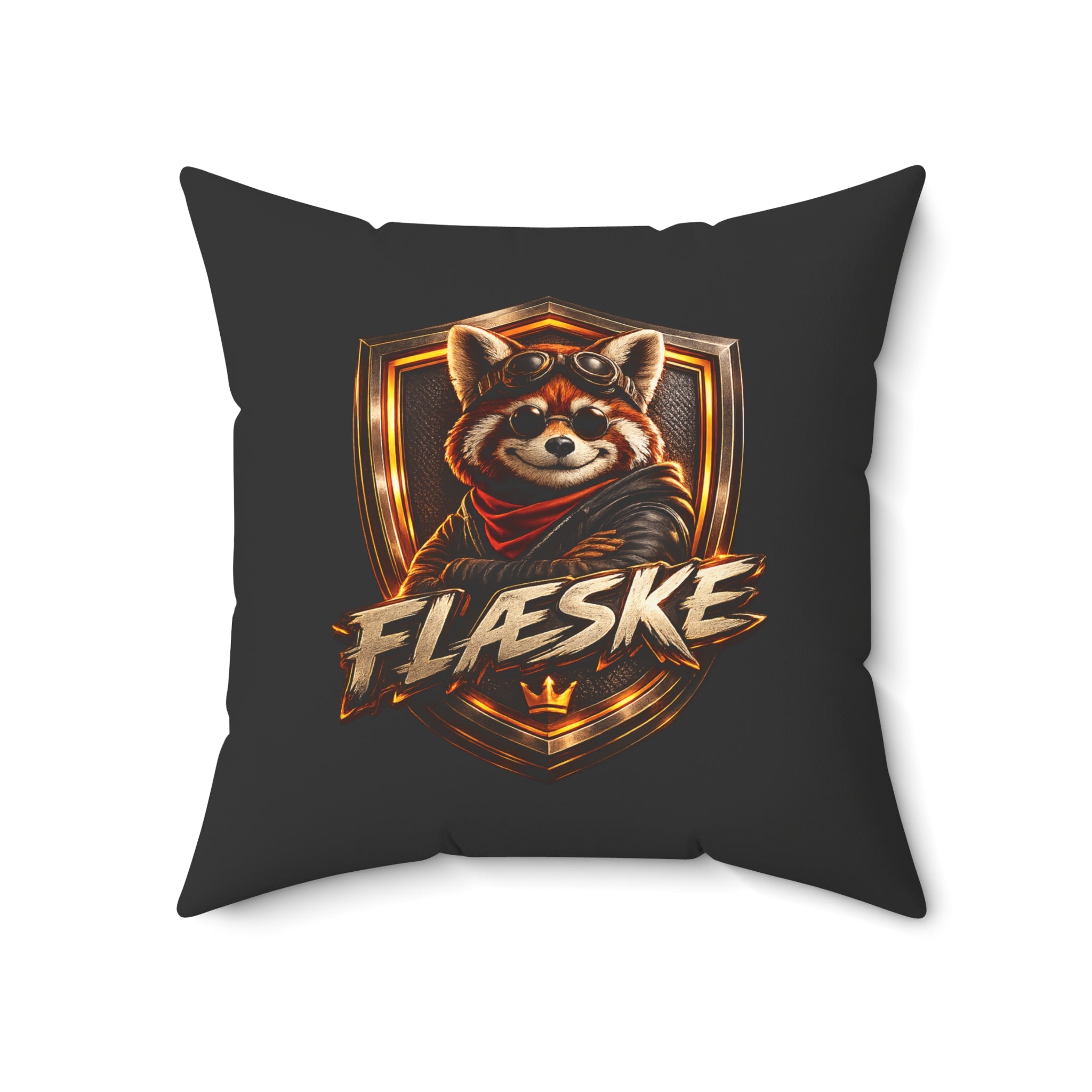 Red Panda Crest Throw Pillow — 'FLÆSKE' Gaming Emblem Accent Pillow