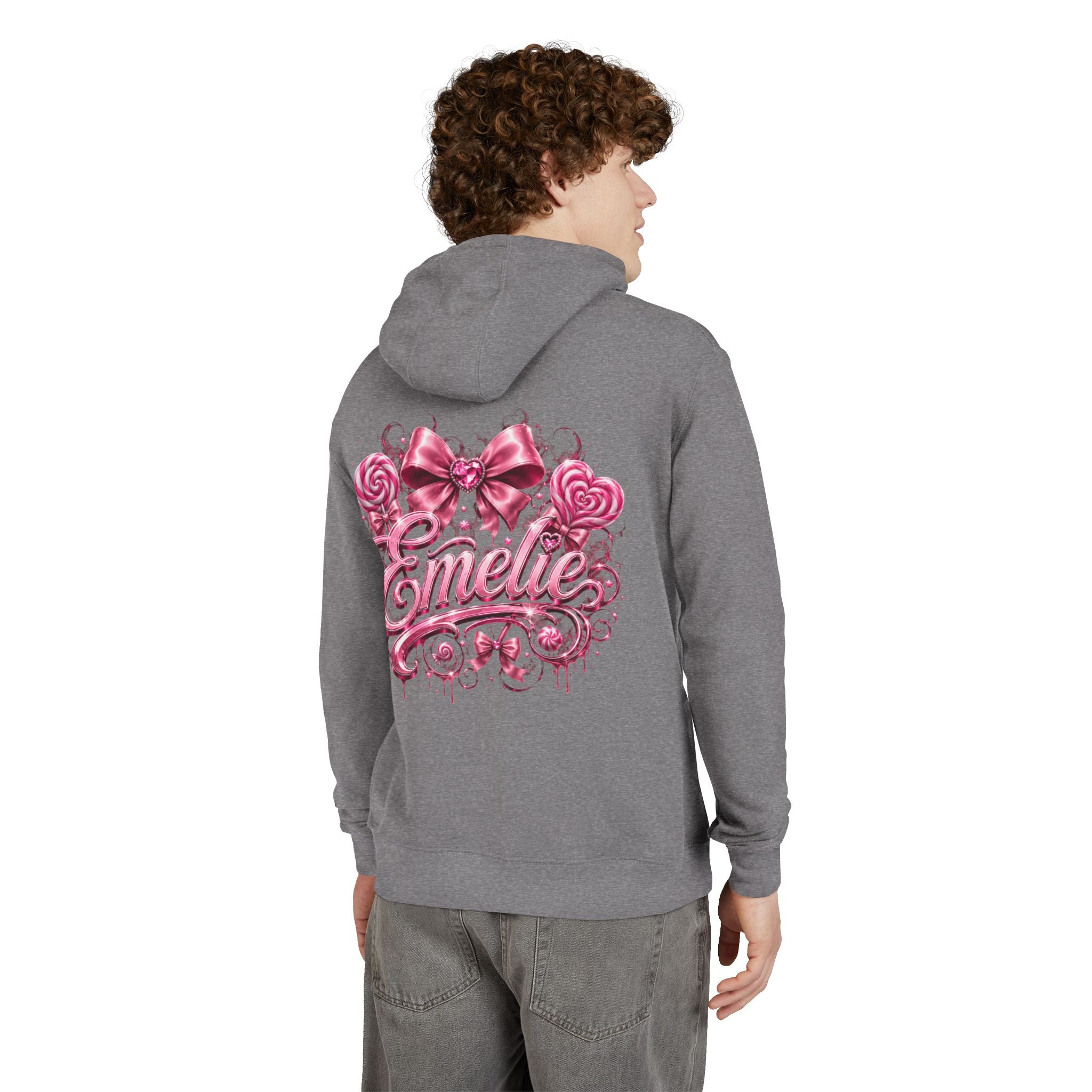 Name Personalized Hoodie — Pink Ribbon Candy Script Back Design