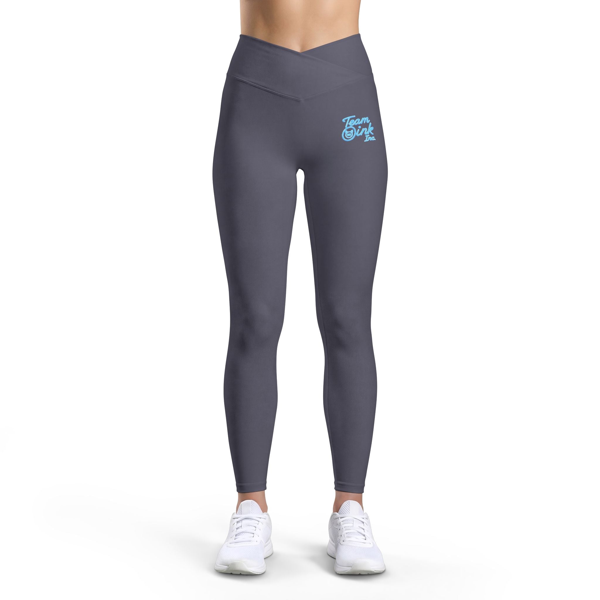 Women’s Luxe Leggings — V-Waist Charcoal Leggings with Small Blue Scooter Graphic