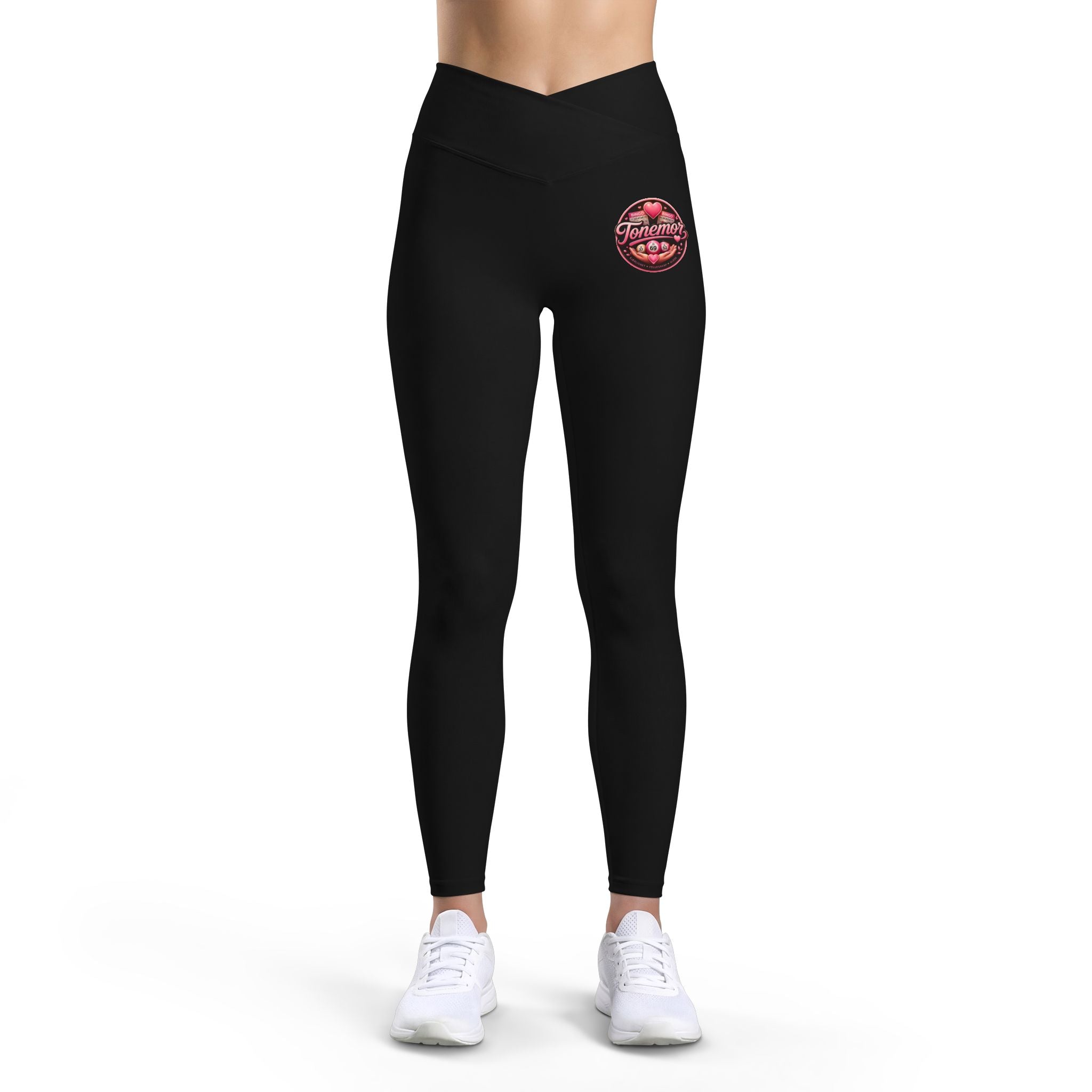 Women's Luxe Leggings — V-Neck High Waist Fitness Leggings with Red Floral Patch