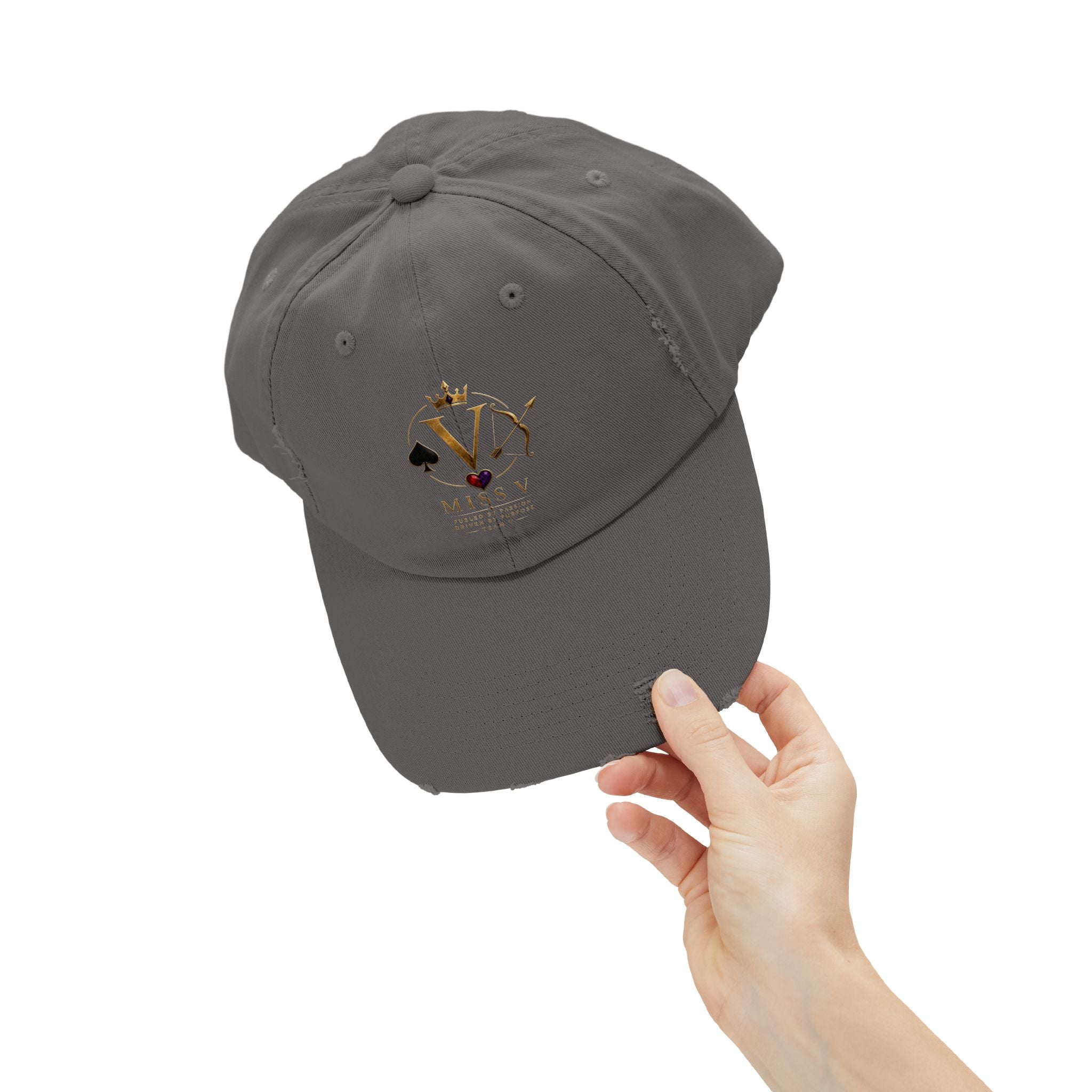 Distressed Black Cap — Miss V Crown & Card Emblem