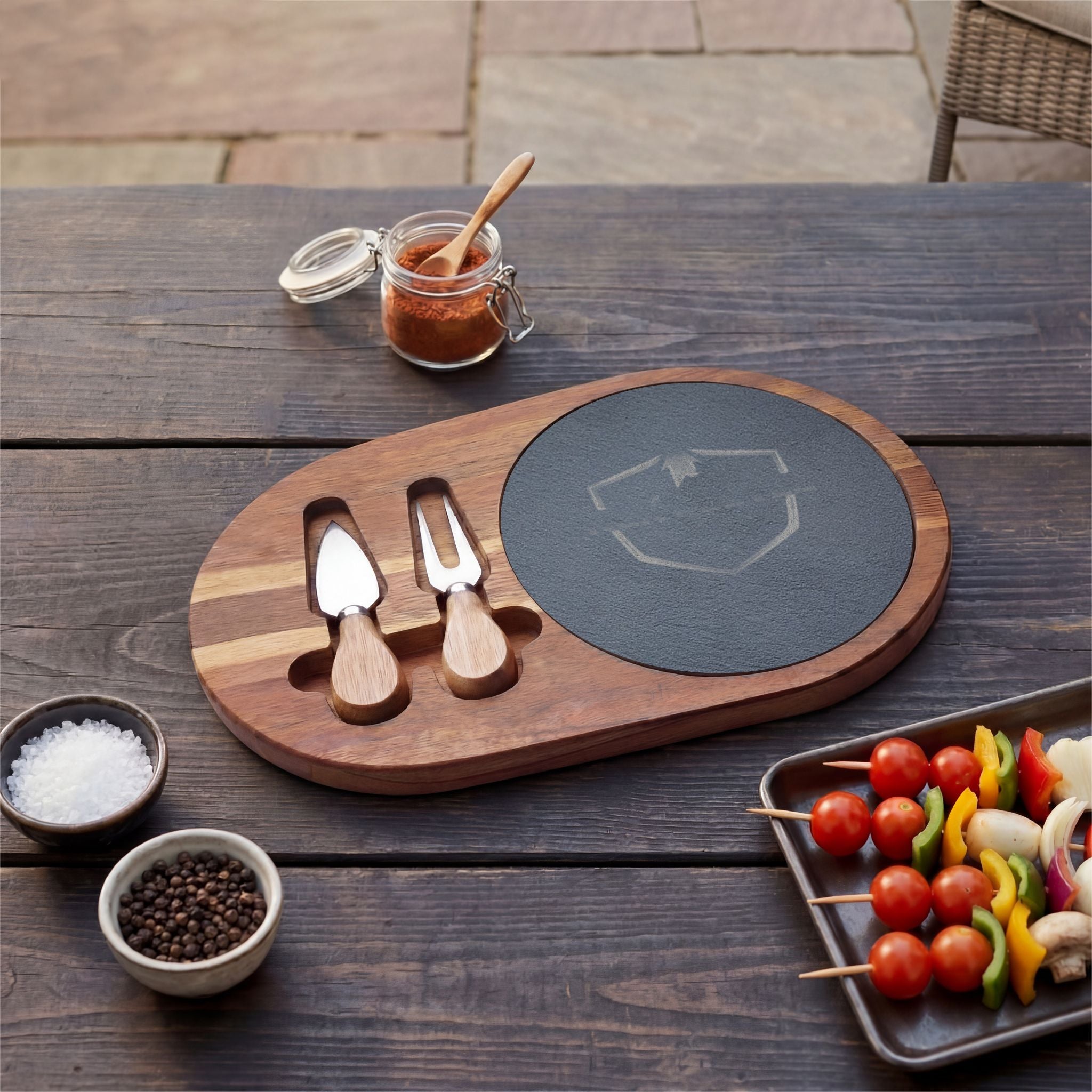 Engraved Acacia Charcuterie Board with Slate Insert & Cheese Knives