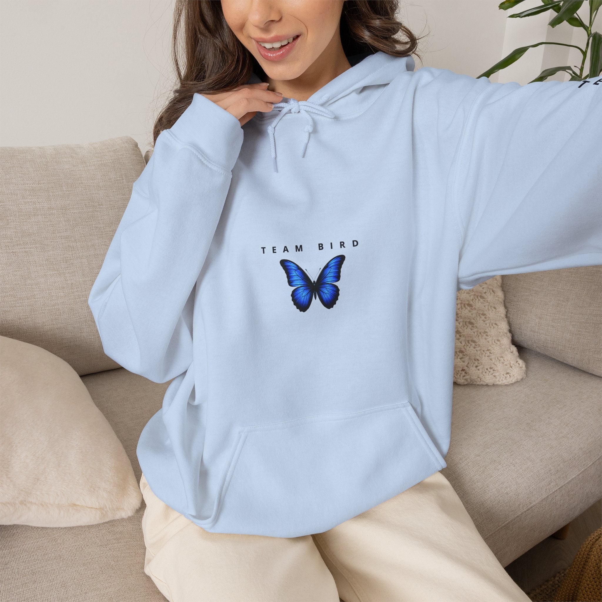 Butterfly Hoodie — "Team Bird" Blue Butterfly Graphic Hooded Sweatshirt