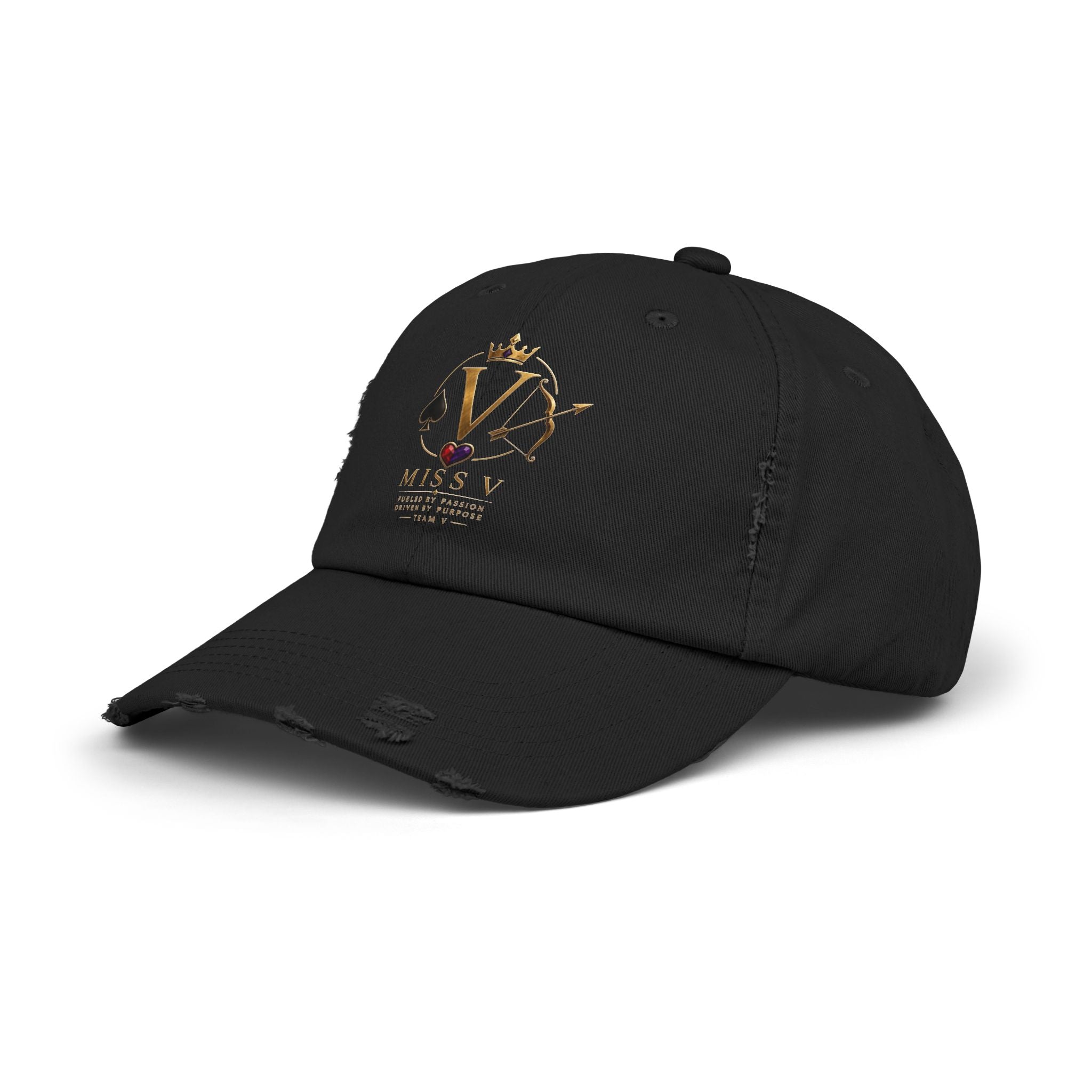 Distressed Black Cap — Miss V Crown & Card Emblem