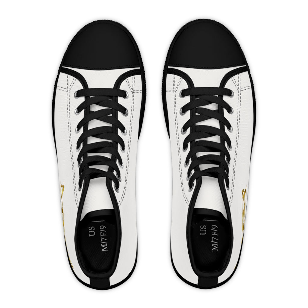Women's High Top Sneakers — White Canvas Casual Trainers with Gold Monogram Accent