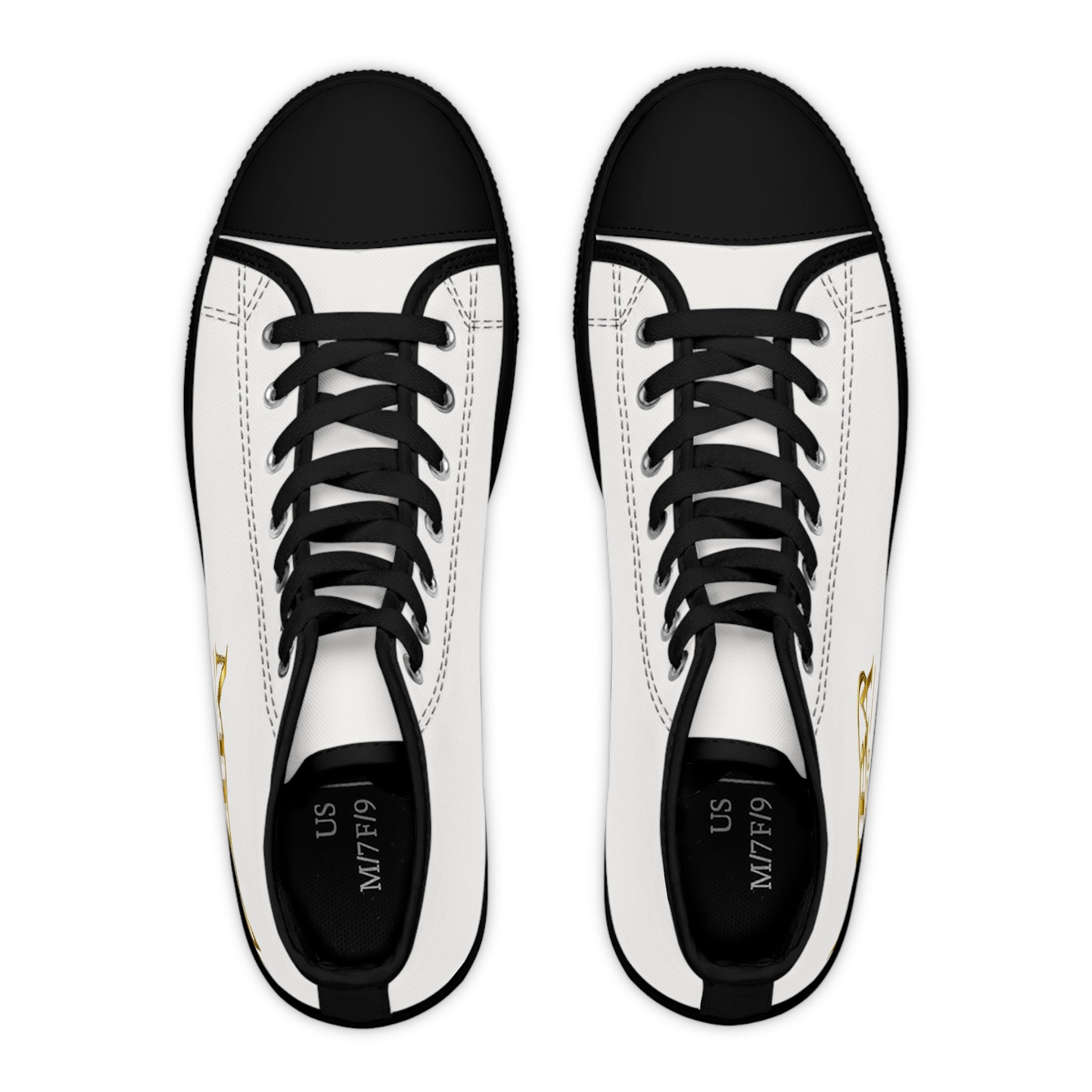 Women's High Top Sneakers — White Canvas Casual Trainers with Gold Monogram Accent