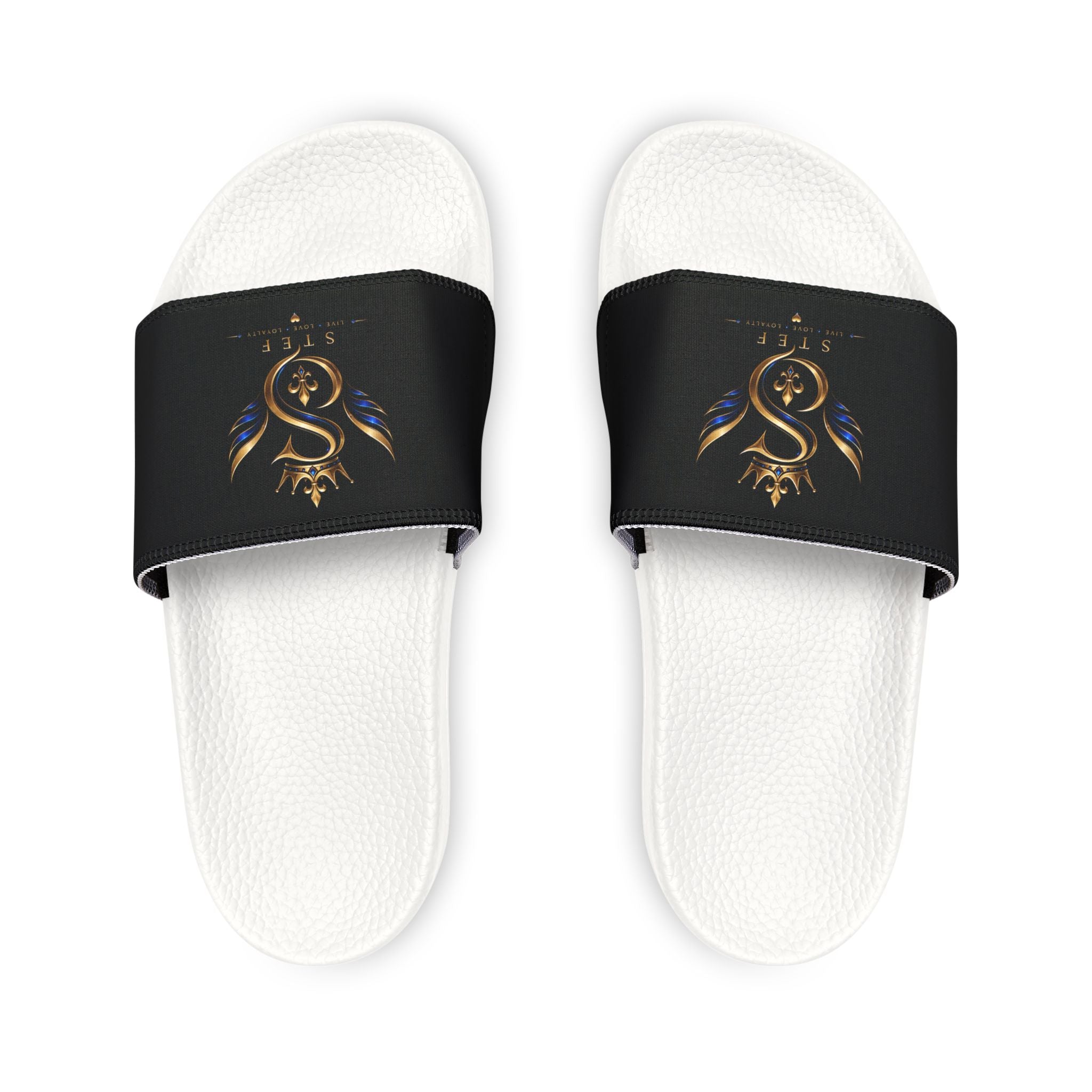 Slide Sandals — Black Strap with Gold Serpent Emblem
