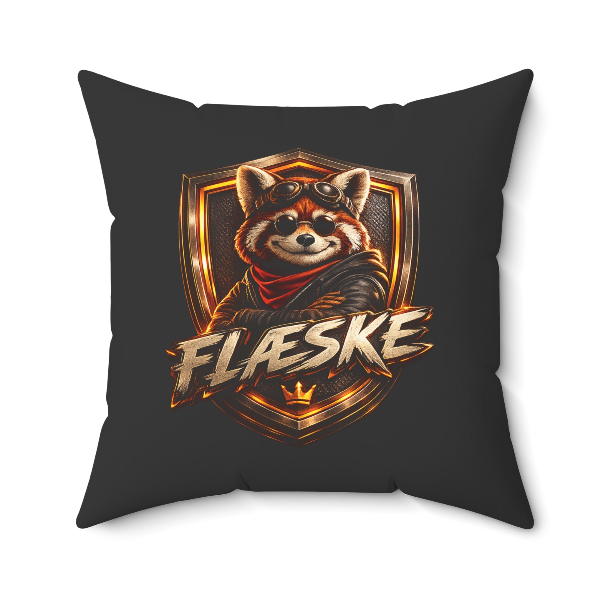Red Panda Crest Throw Pillow — 'FLÆSKE' Gaming Emblem Accent Pillow