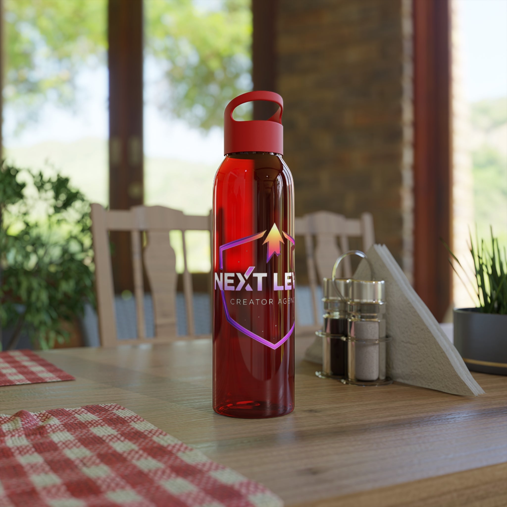 Sky Water Bottle — Clear Bottle with Gradient Arrow Logo (Next Level Creator Agency)