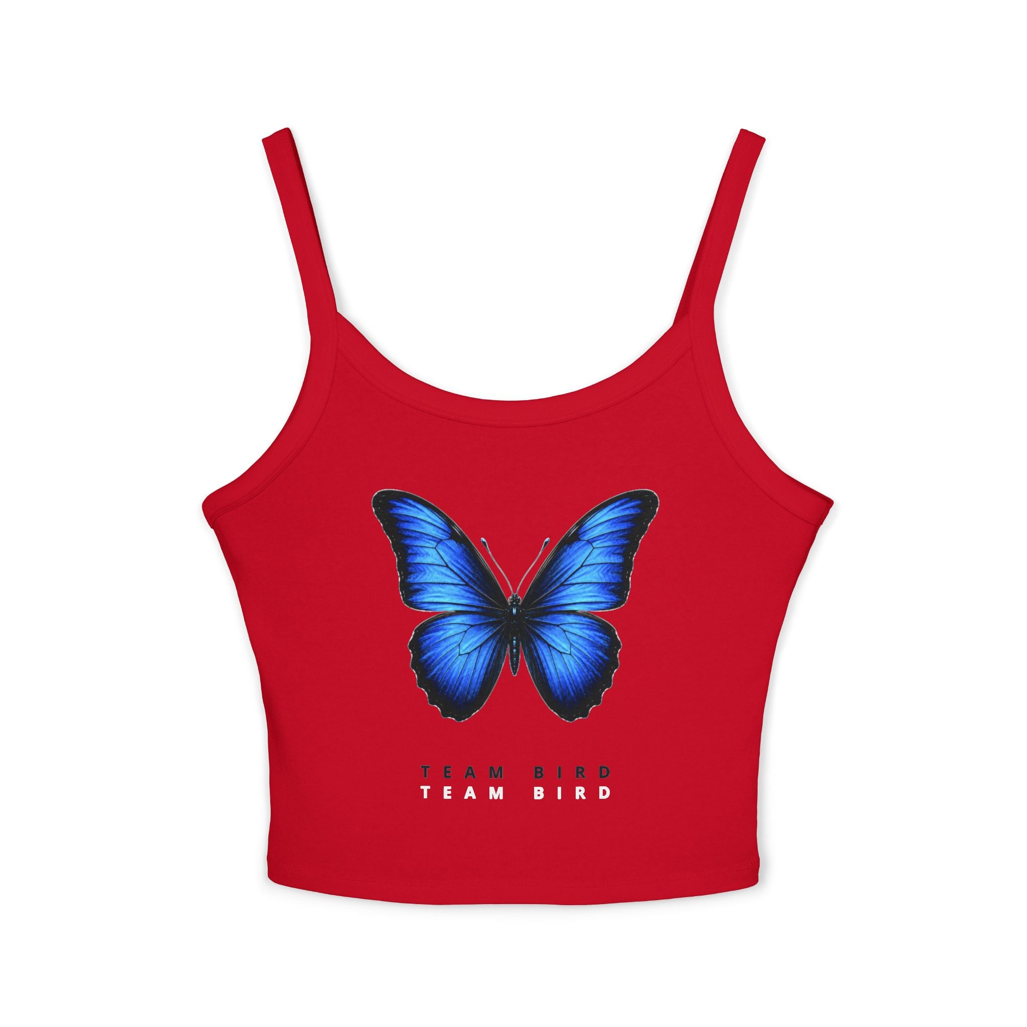 Blue Butterfly Crop Tank — "Team Bird" Women's Spaghetti Strap Top