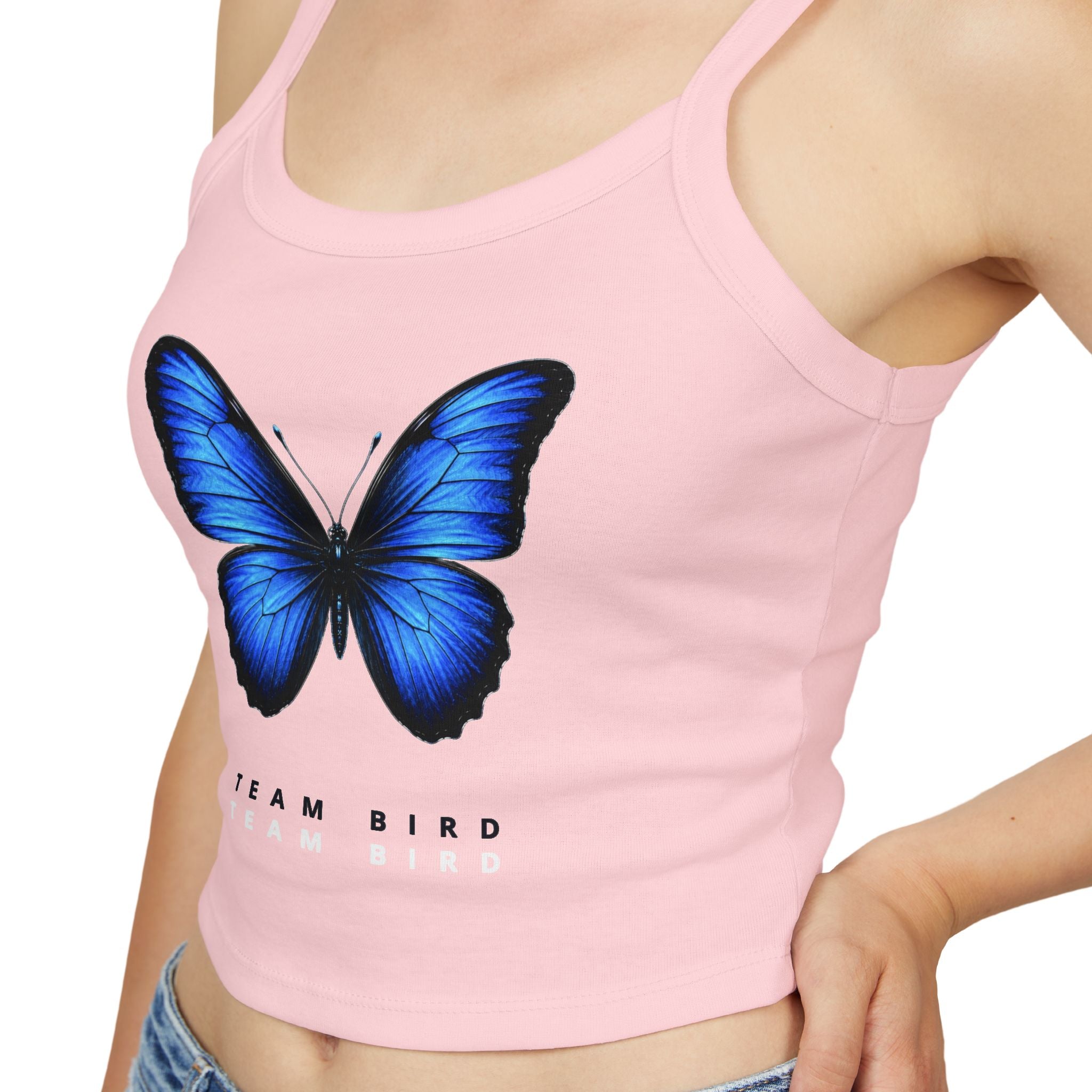 Blue Butterfly Crop Tank — "Team Bird" Women's Spaghetti Strap Top