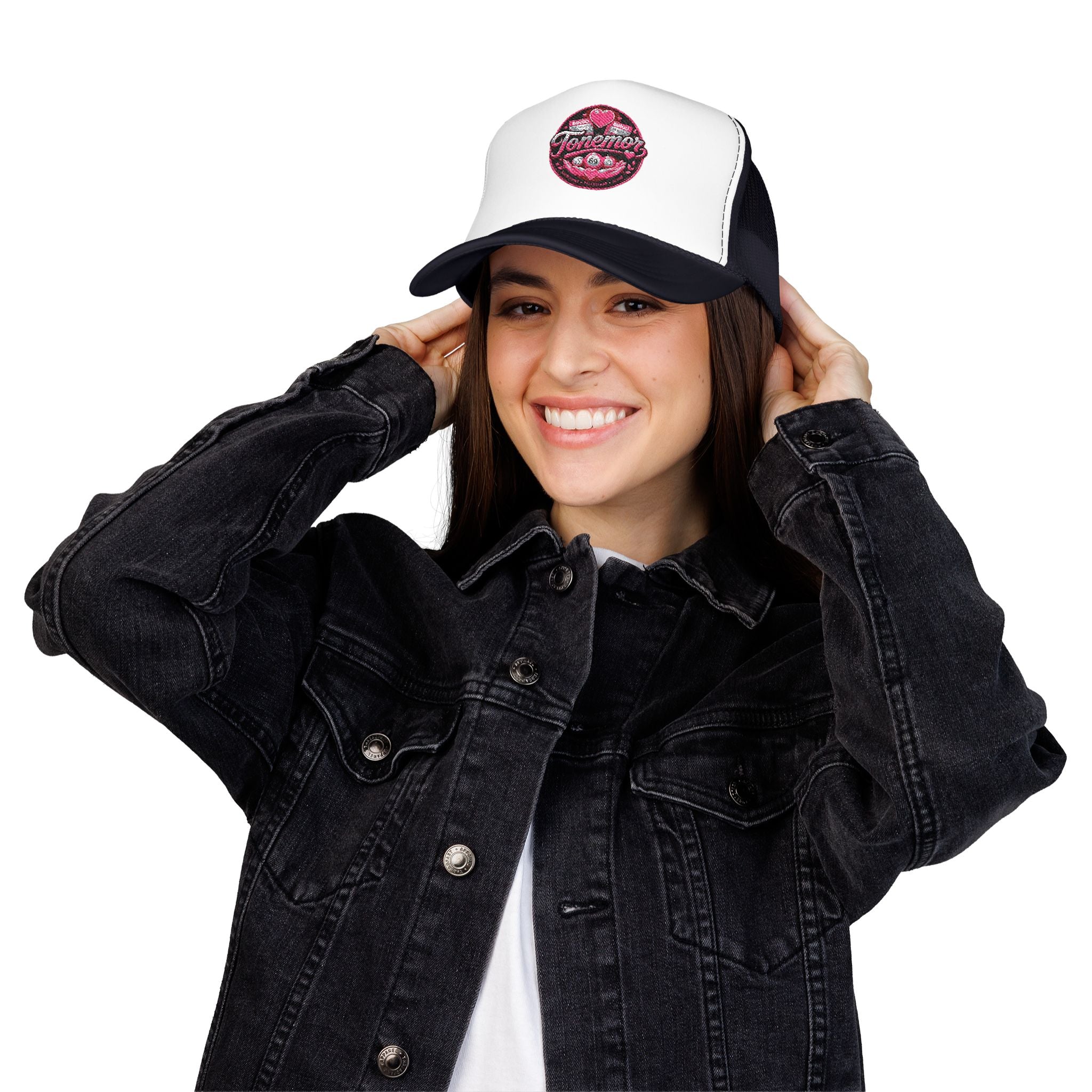 Foam Trucker Hat — Pink Glitter "Tenerme" Heart Patch Cap