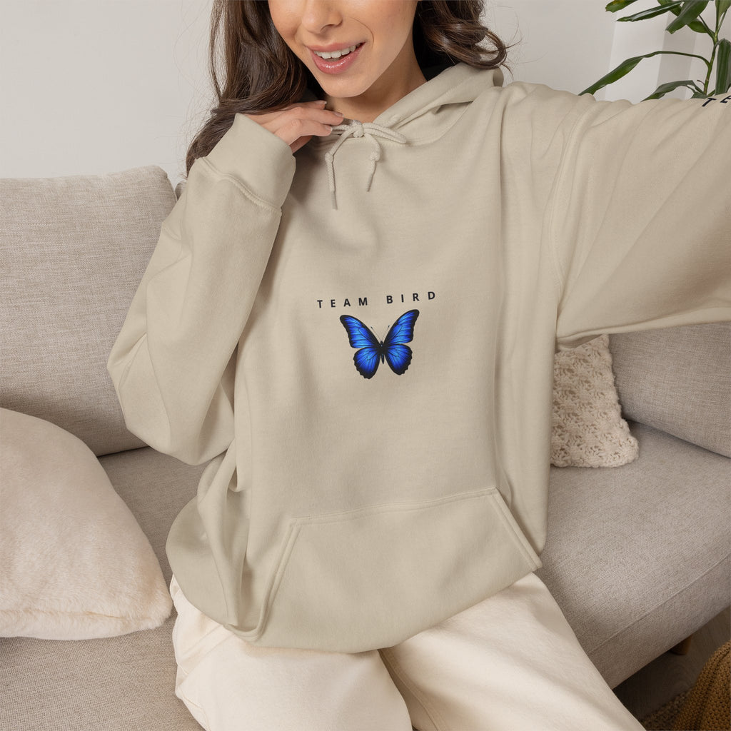 Butterfly Hoodie — "Team Bird" Blue Butterfly Graphic Hooded Sweatshirt