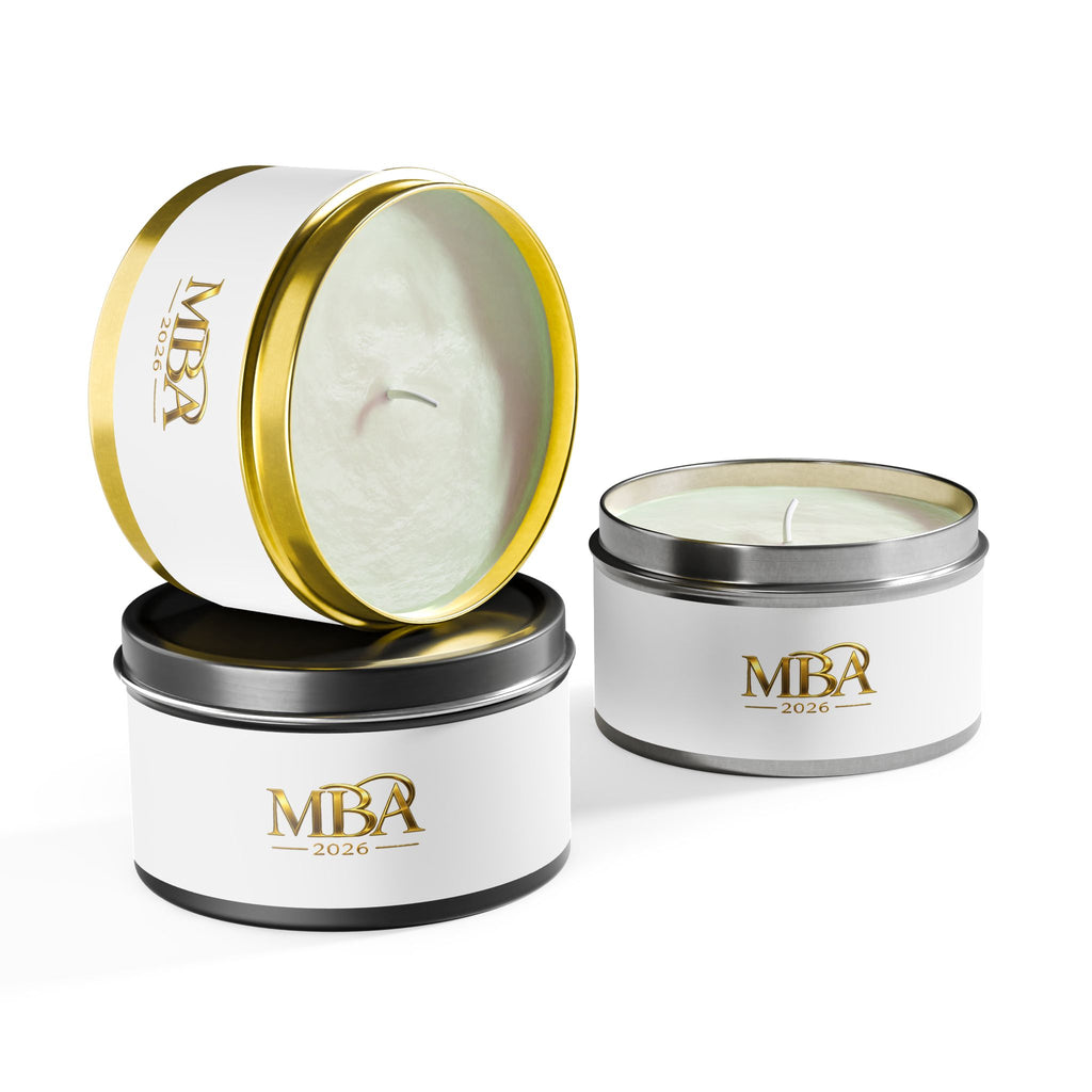 MBA 2026 Gold Logo Tin Candle — Luxury Scented Gift