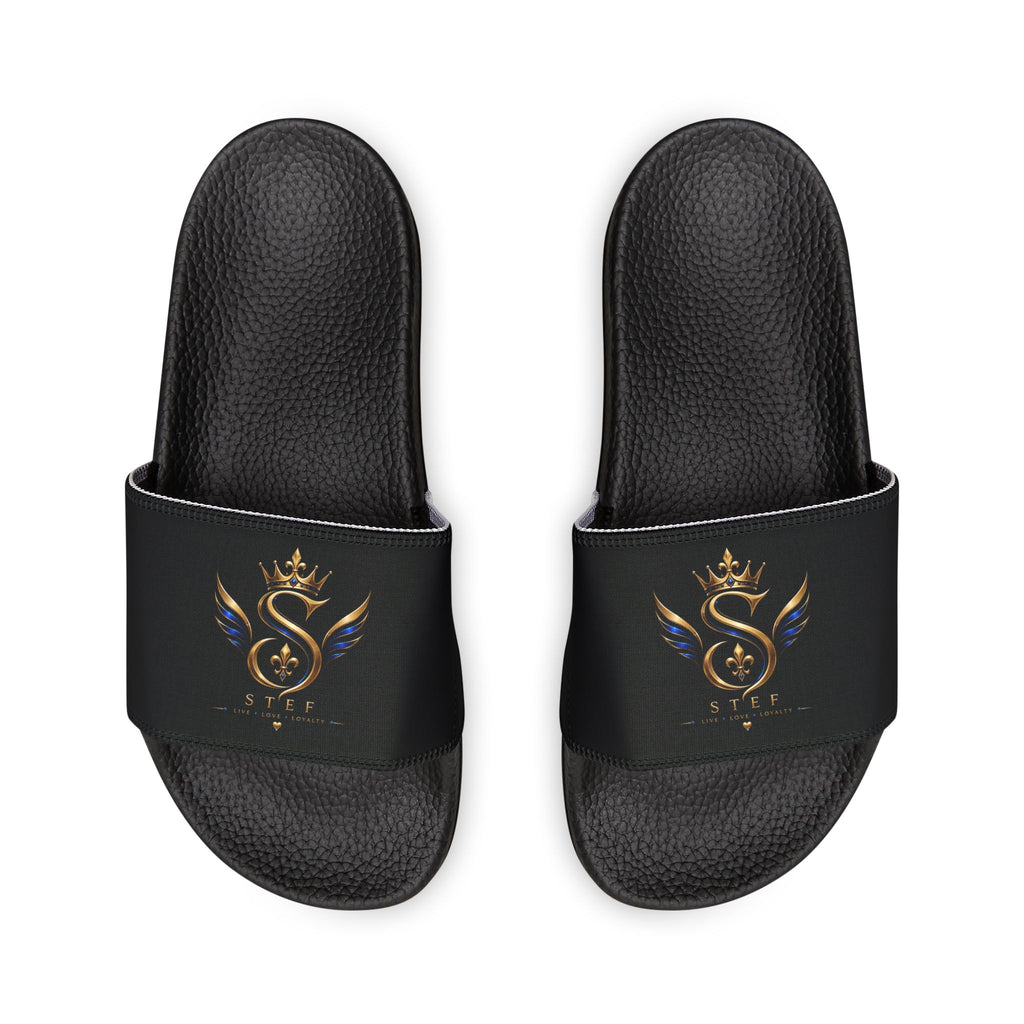 Slide Sandals — Black Strap with Gold Serpent Emblem