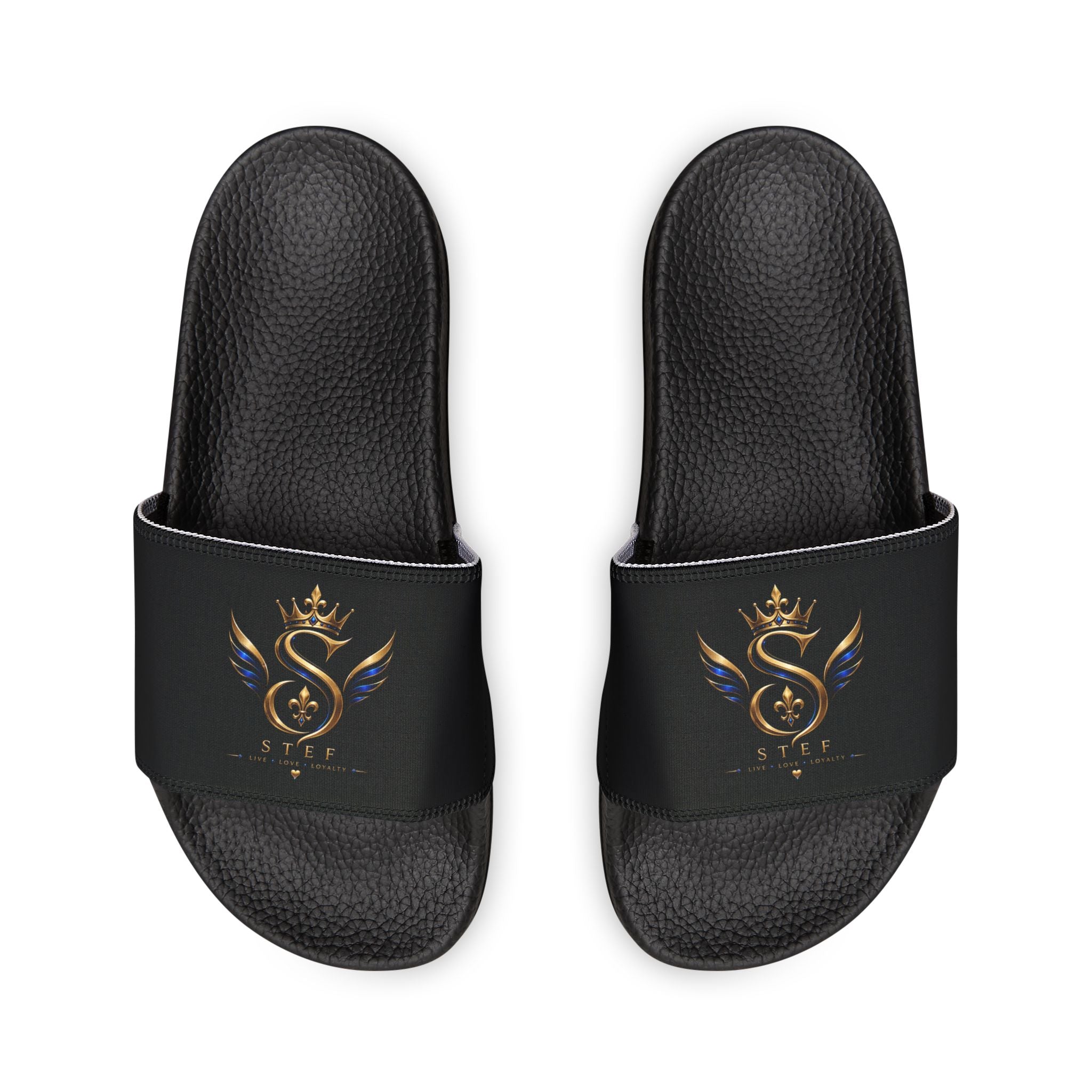Slide Sandals — Black Strap with Gold Serpent Emblem