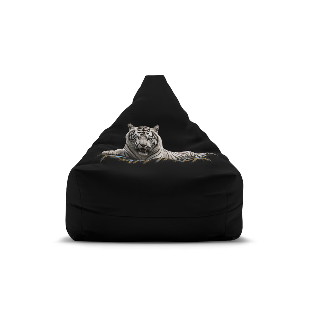 Tiger Graphic Bean Bag Cover — Black Lounge Chair Slipcover with Relaxed White Tiger Print
