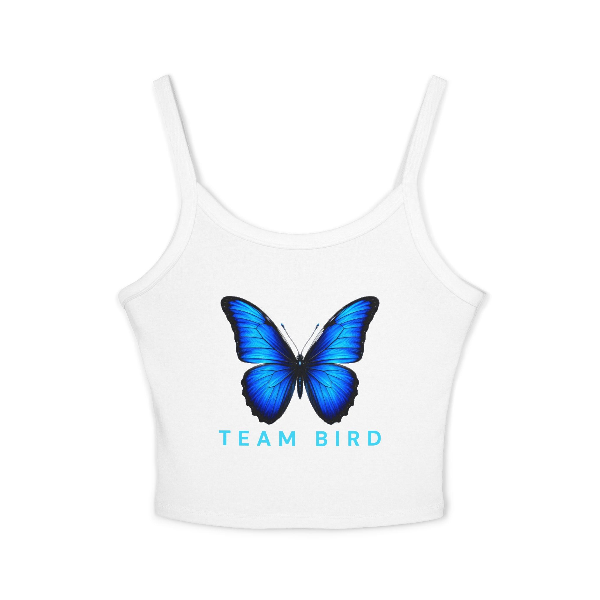 Team Bird Blue Butterfly Tank Top — Women's Spaghetti Strap Crop