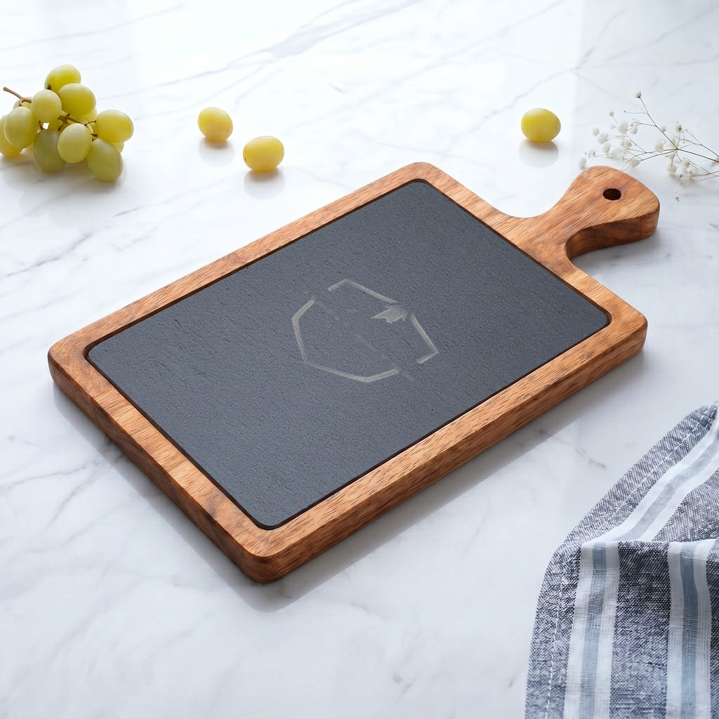 Engraved Acacia Charcuterie Board with Slate Insert & Cheese Knives