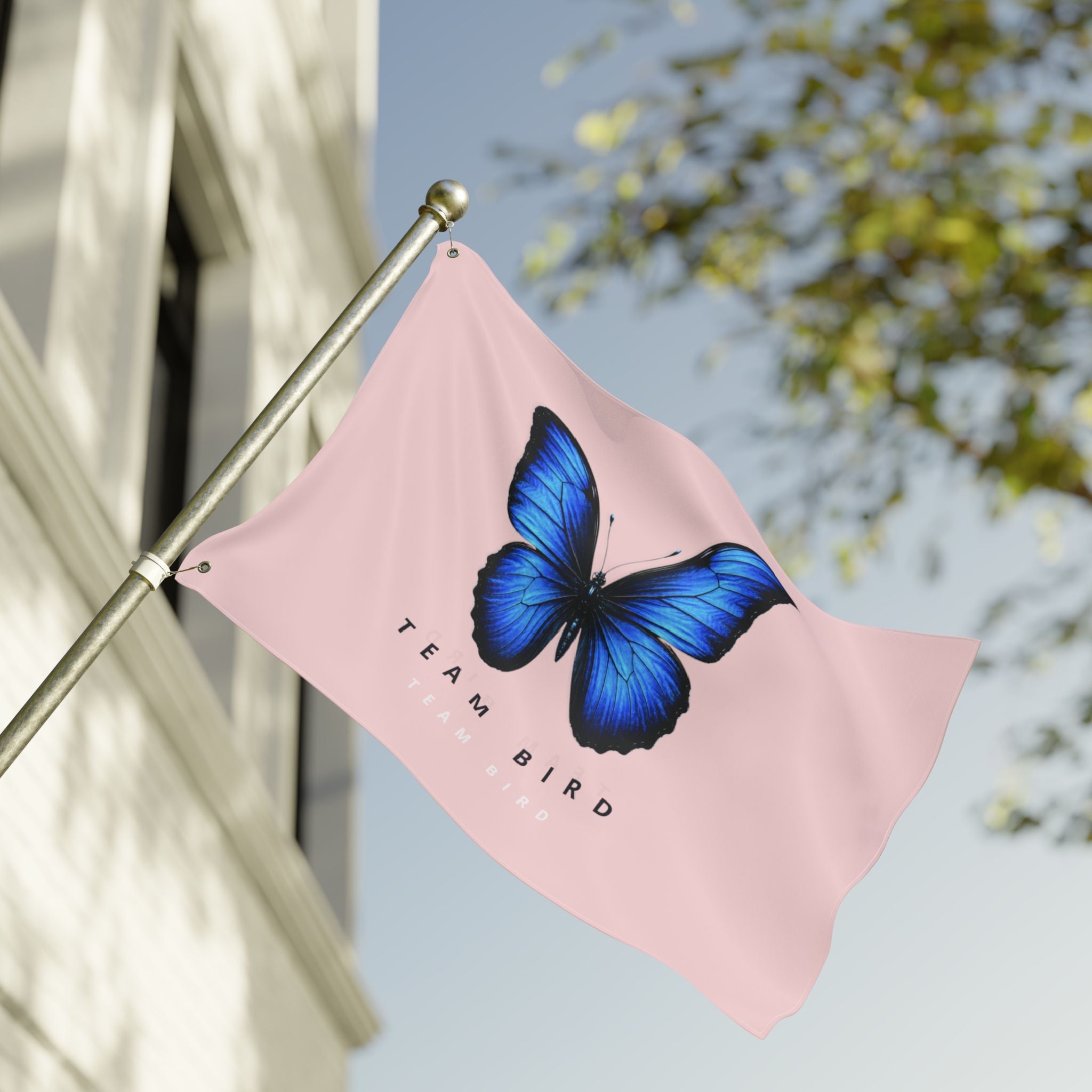 Double-Sided Flag — Pink Blue Butterfly "Team Bird" Garden Banner