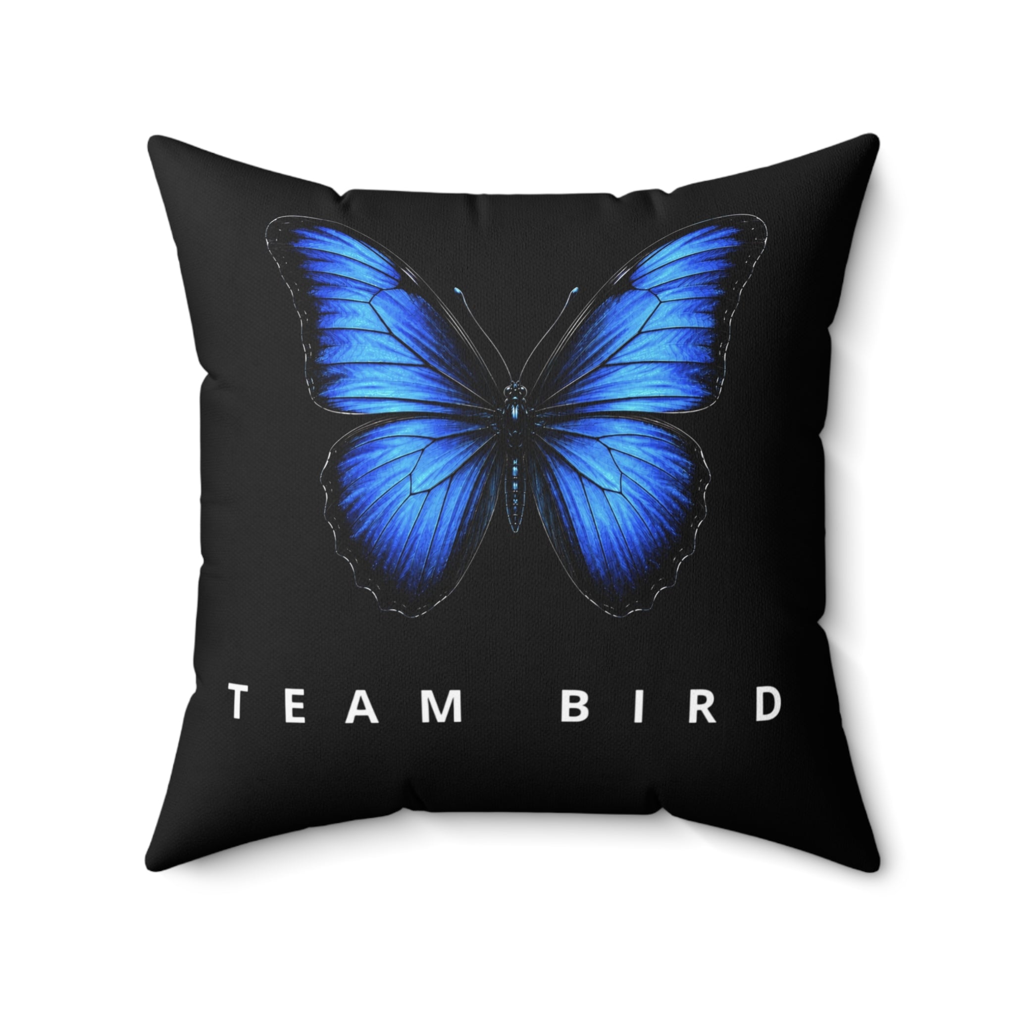 Blue Butterfly 'Team Bird' Throw Pillow — Decorative Polyester Accent Cushion