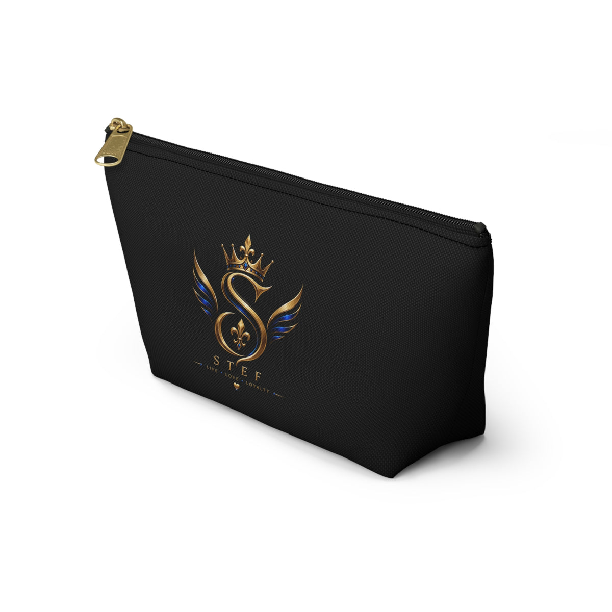 Royal S Emblem Accessory Pouch — Luxurious Black Makeup Bag with Gold Crown Logo