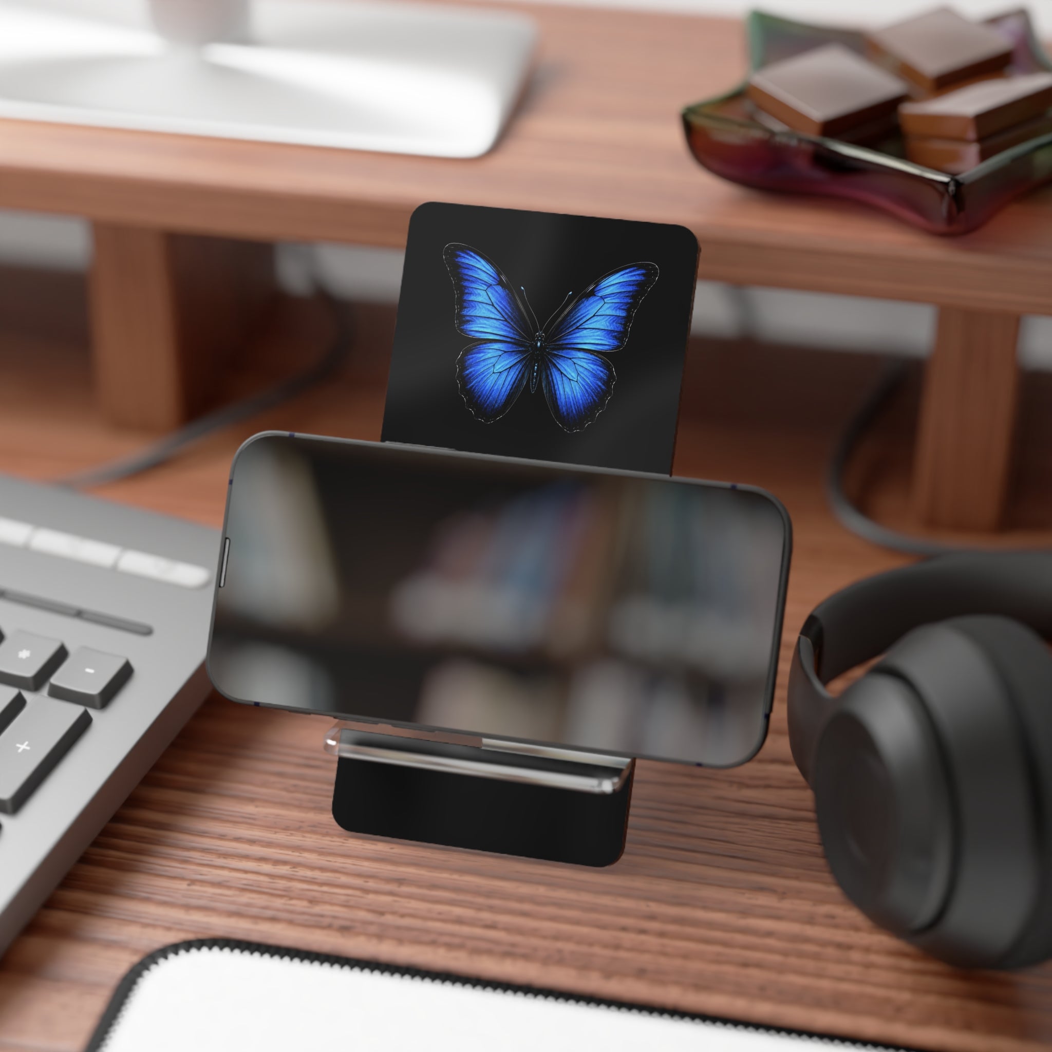 Acrylic Phone Stand with Blue Butterfly — Decorative Smartphone Display Holder