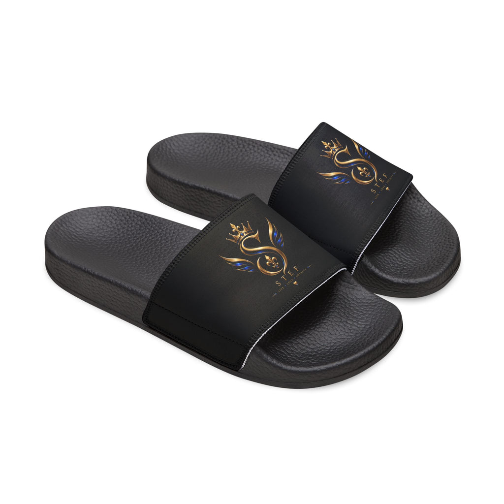 Slide Sandals — Black Strap with Gold Serpent Emblem