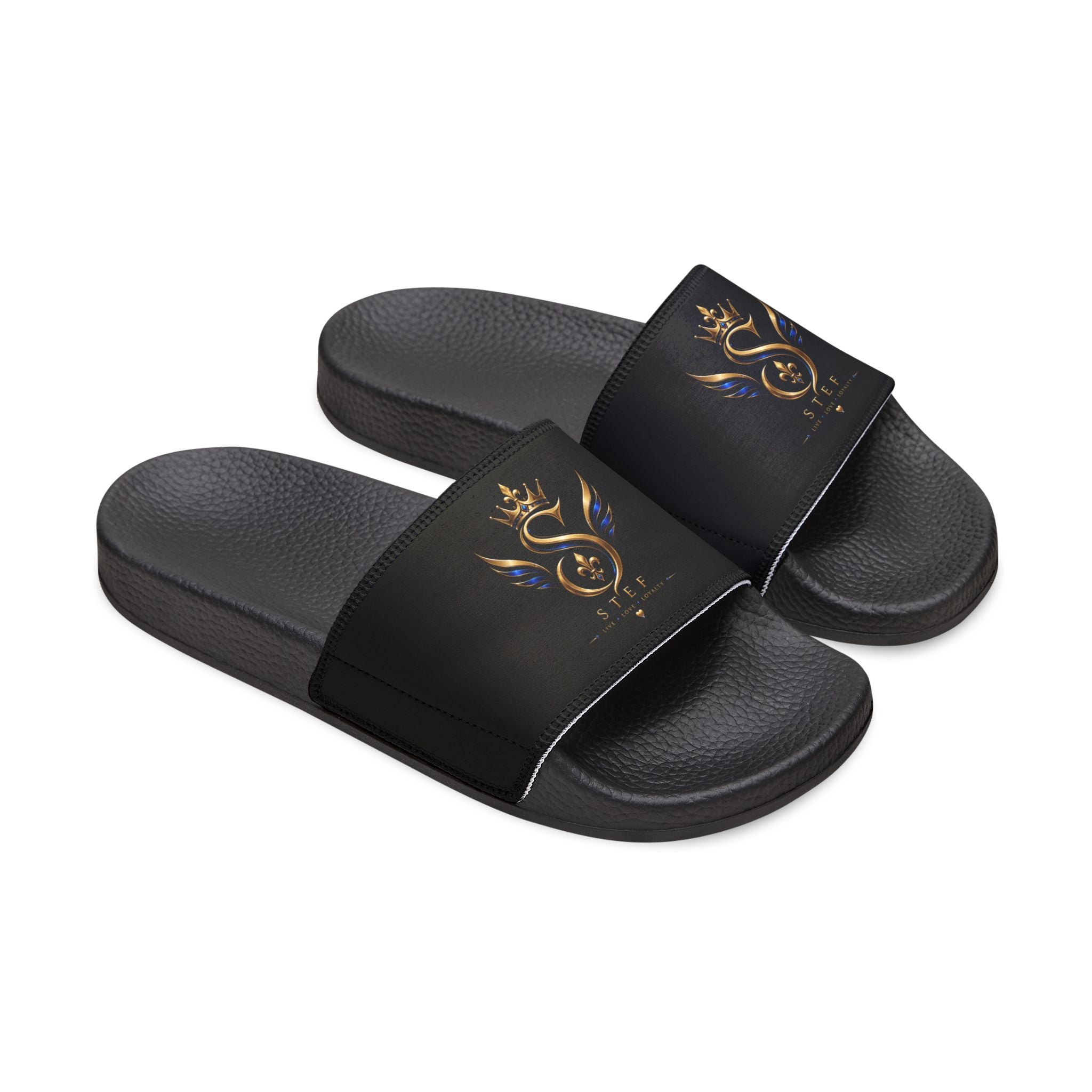 Slide Sandals — Black Strap with Gold Serpent Emblem