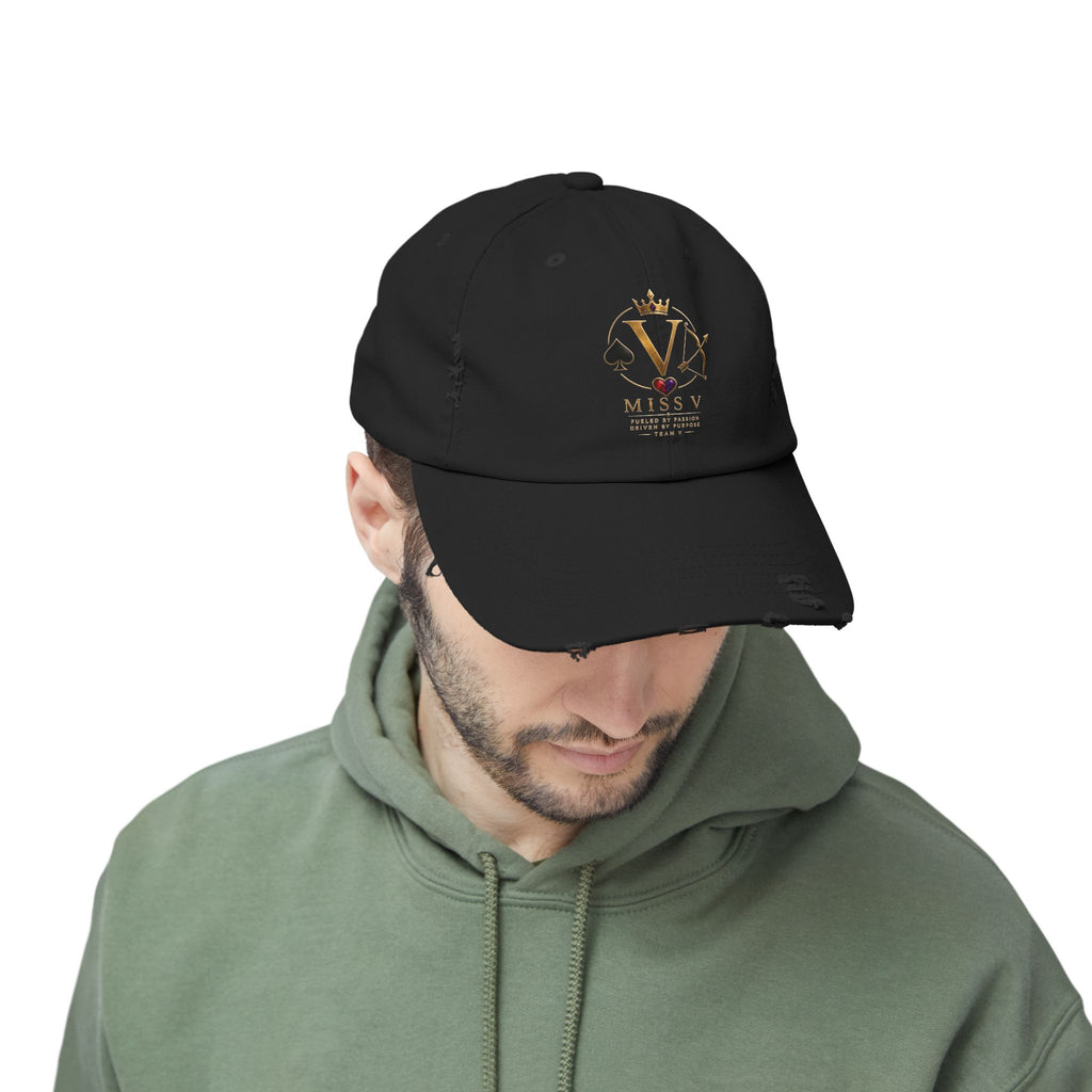 Distressed Black Cap — Miss V Crown & Card Emblem