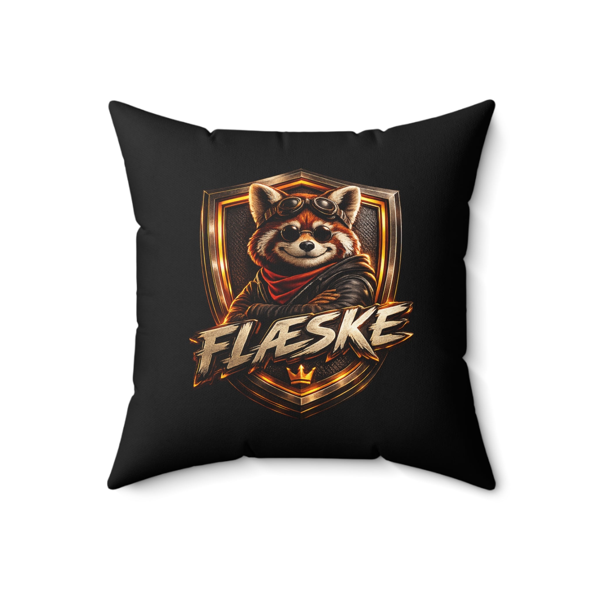 Red Panda Crest Throw Pillow — 'FLÆSKE' Gaming Emblem Accent Pillow