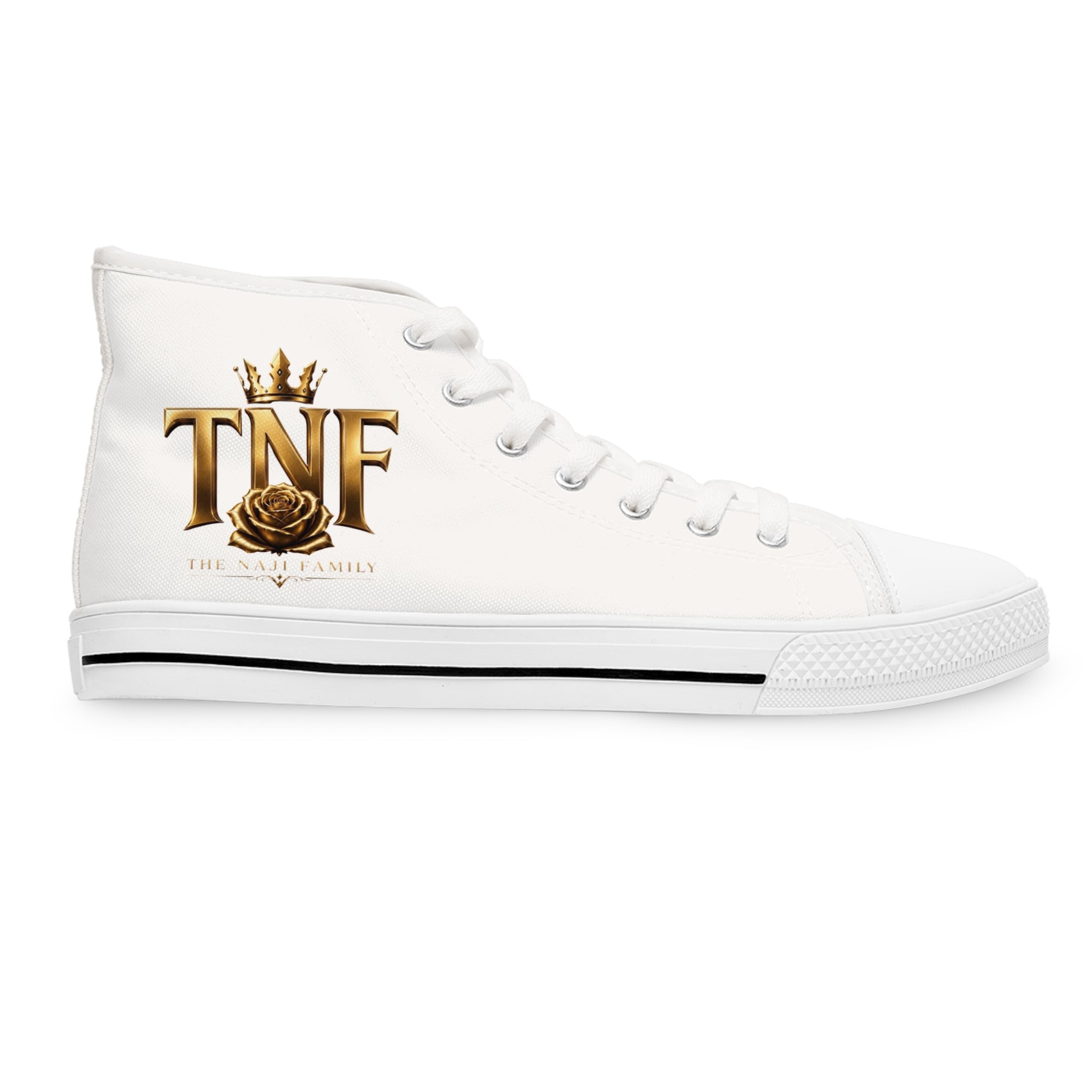 High Top Sneakers — "Divine" Gold Script Rose Graphic