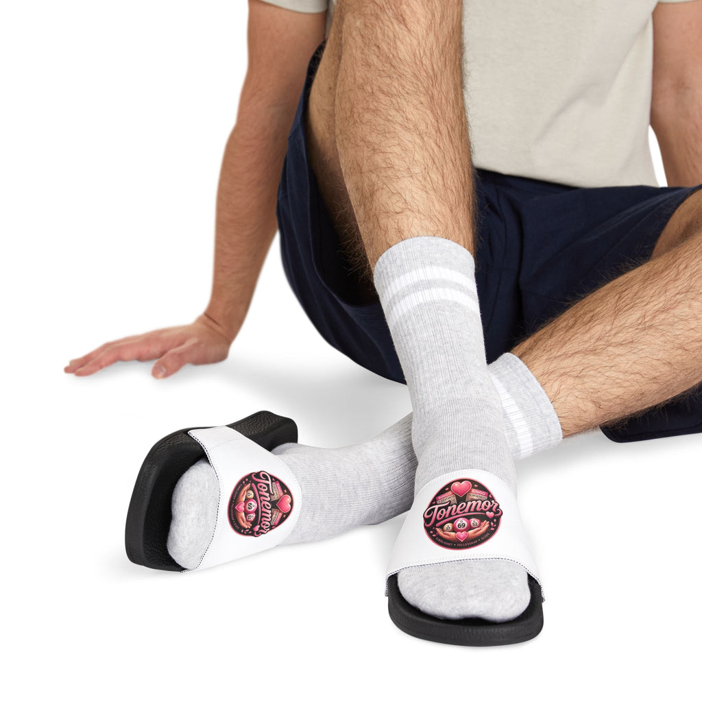 Slide Sandals — White Removable-Strap Slides with Pink 'Jammin' Heart' Logo