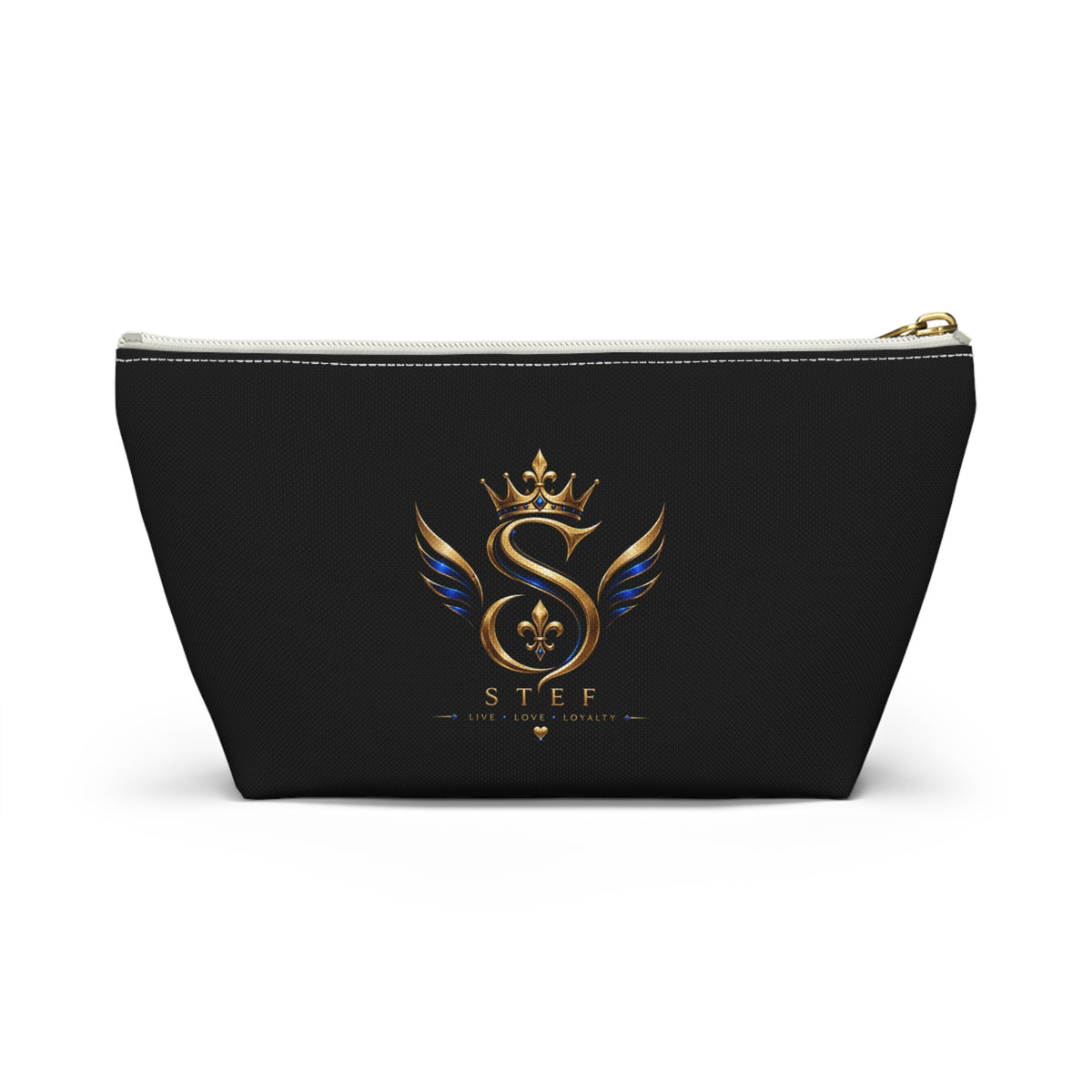 Royal S Emblem Accessory Pouch — Luxurious Black Makeup Bag with Gold Crown Logo