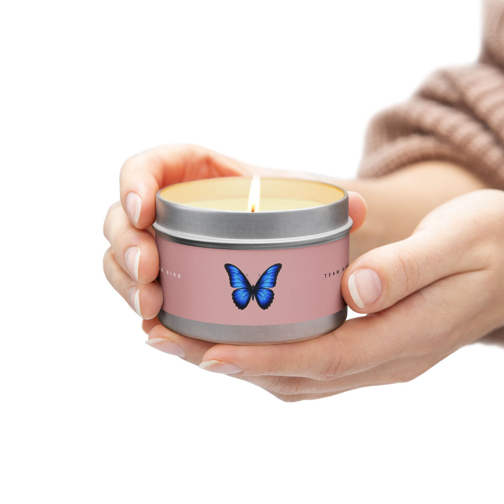 Butterfly Tin Candle — Floral & Vanilla Scented Travel Candle, 'Team Bird' Pink Label