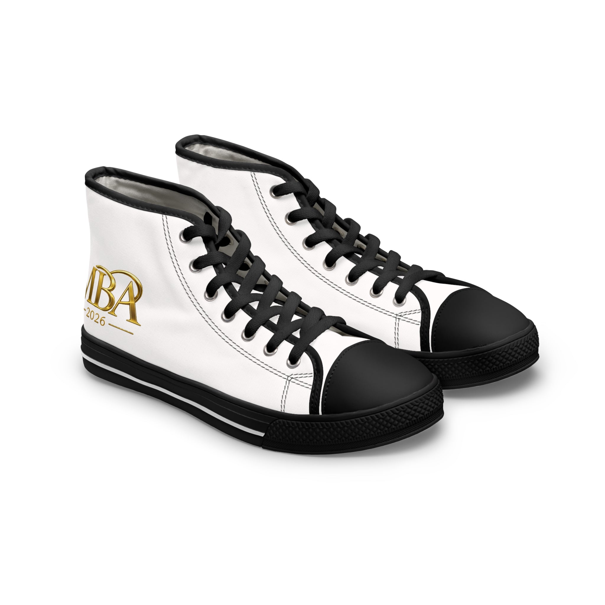 Women's High Top Sneakers — White Canvas Casual Trainers with Gold Monogram Accent