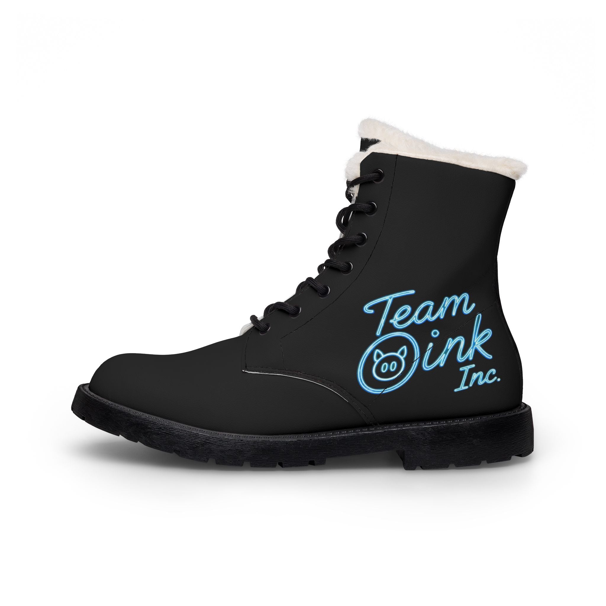 Fur-Lined Leather Boots — Cozy Winter Lace-Up Boots with 'Team Oink Inc.' Design