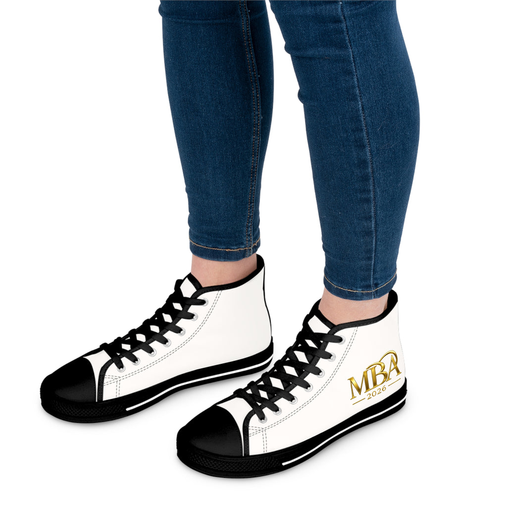 Women's High Top Sneakers — White Canvas Casual Trainers with Gold Monogram Accent