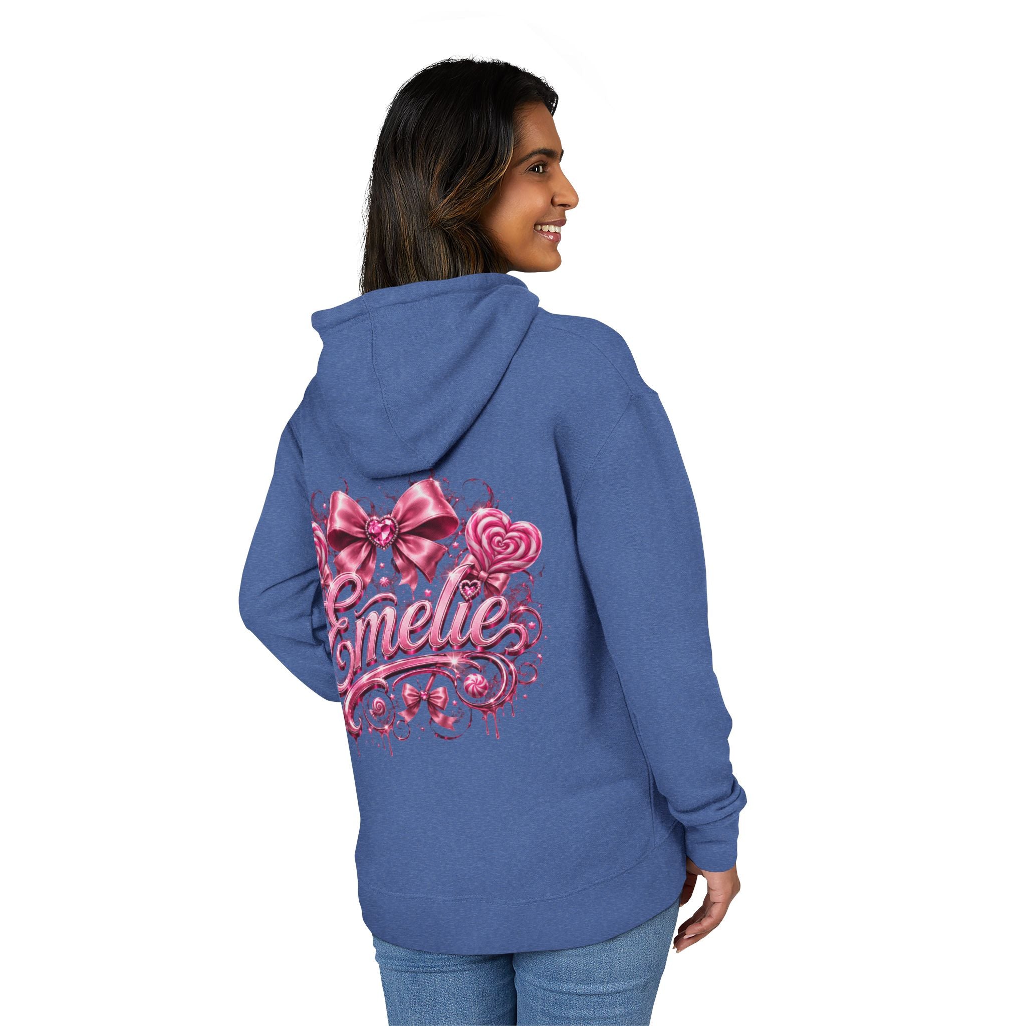 Name Personalized Hoodie — Pink Ribbon Candy Script Back Design