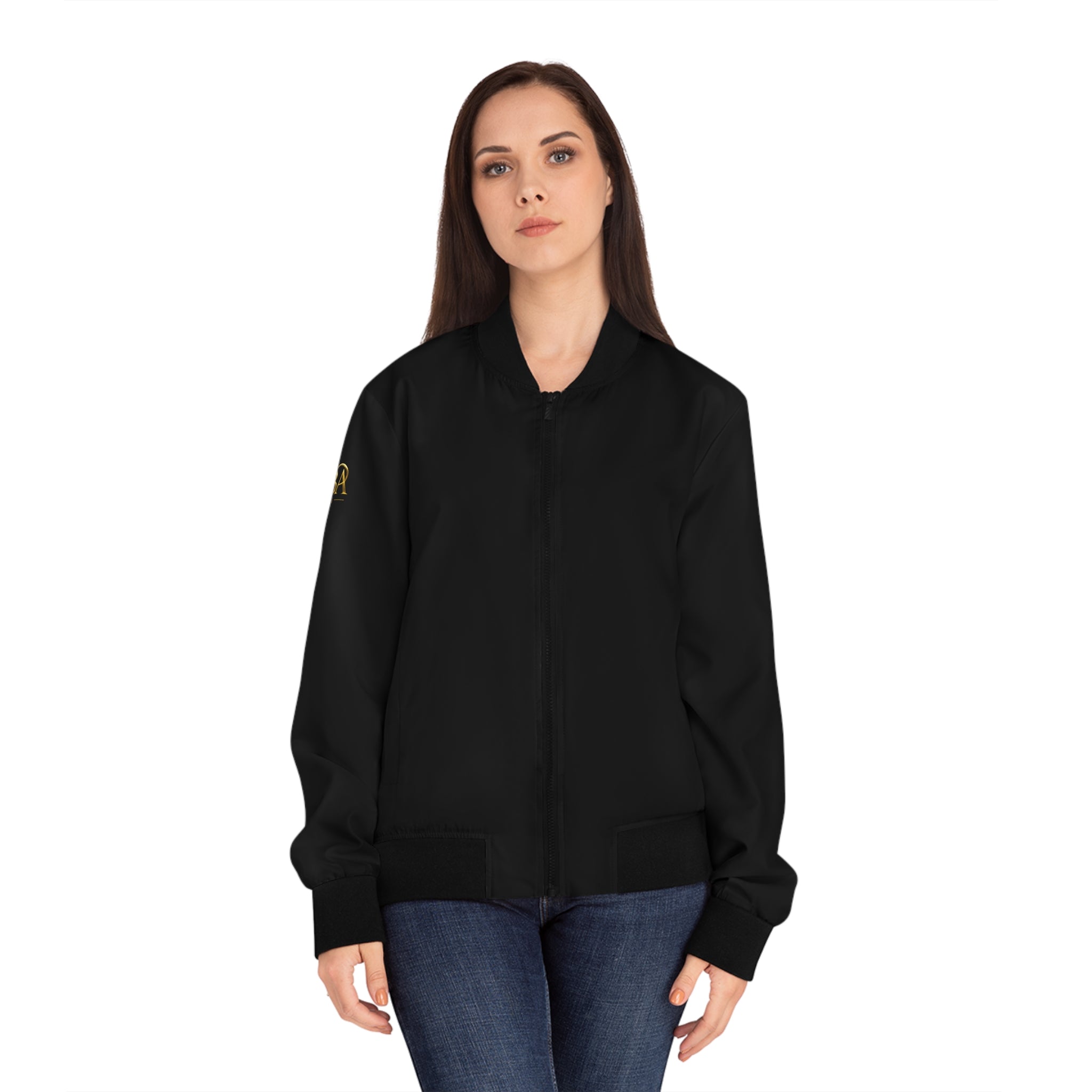Gold Emblem Women's Bomber Jacket – Black Satin Lettering