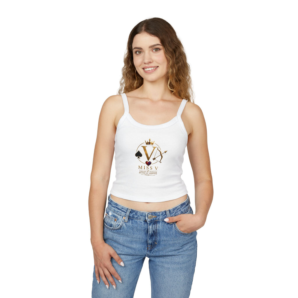 Spaghetti Tank Top — "Miss V" Gold Crown Playing Card Logo Crop