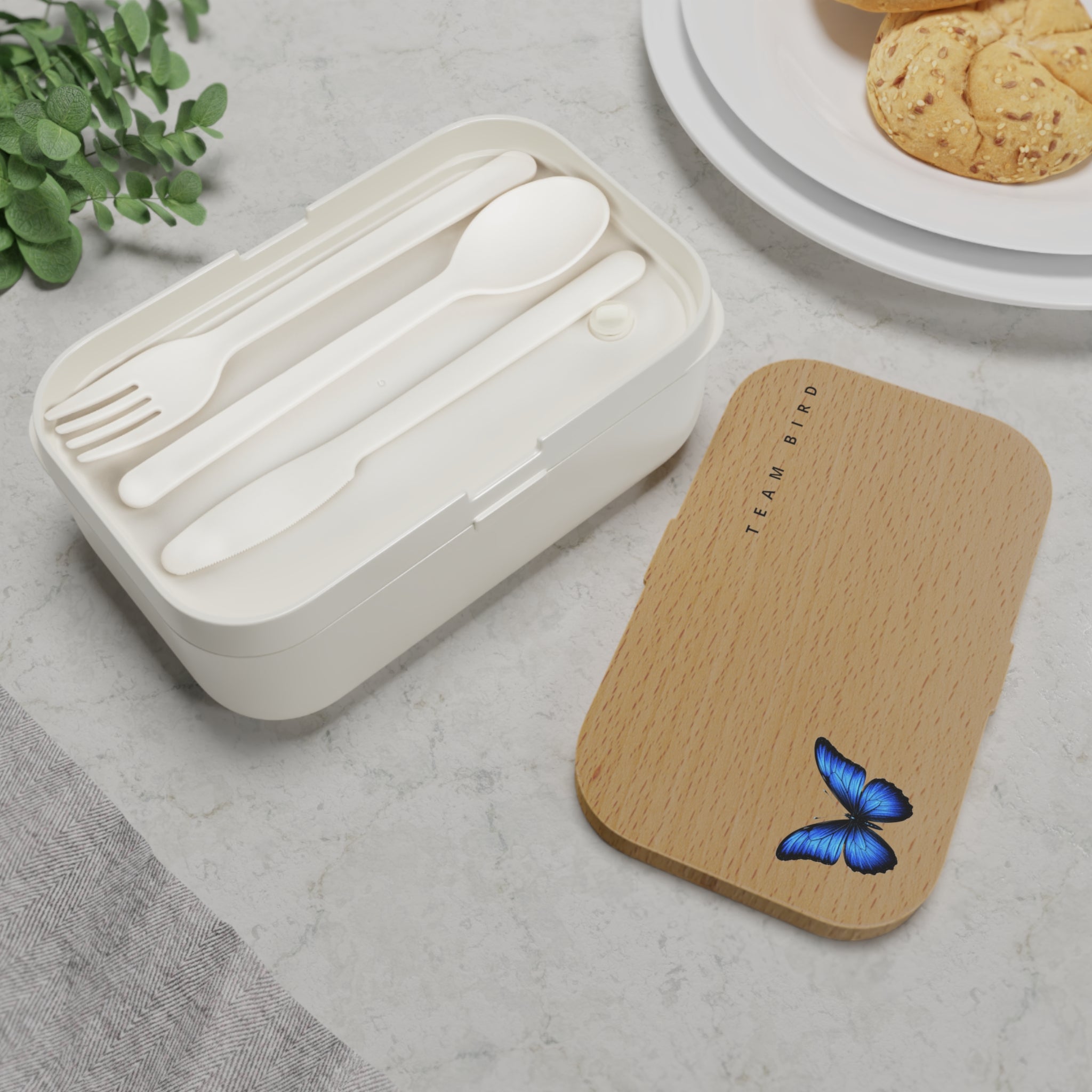 Wood Grain Bento Lunch Box with Blue Butterfly Accent
