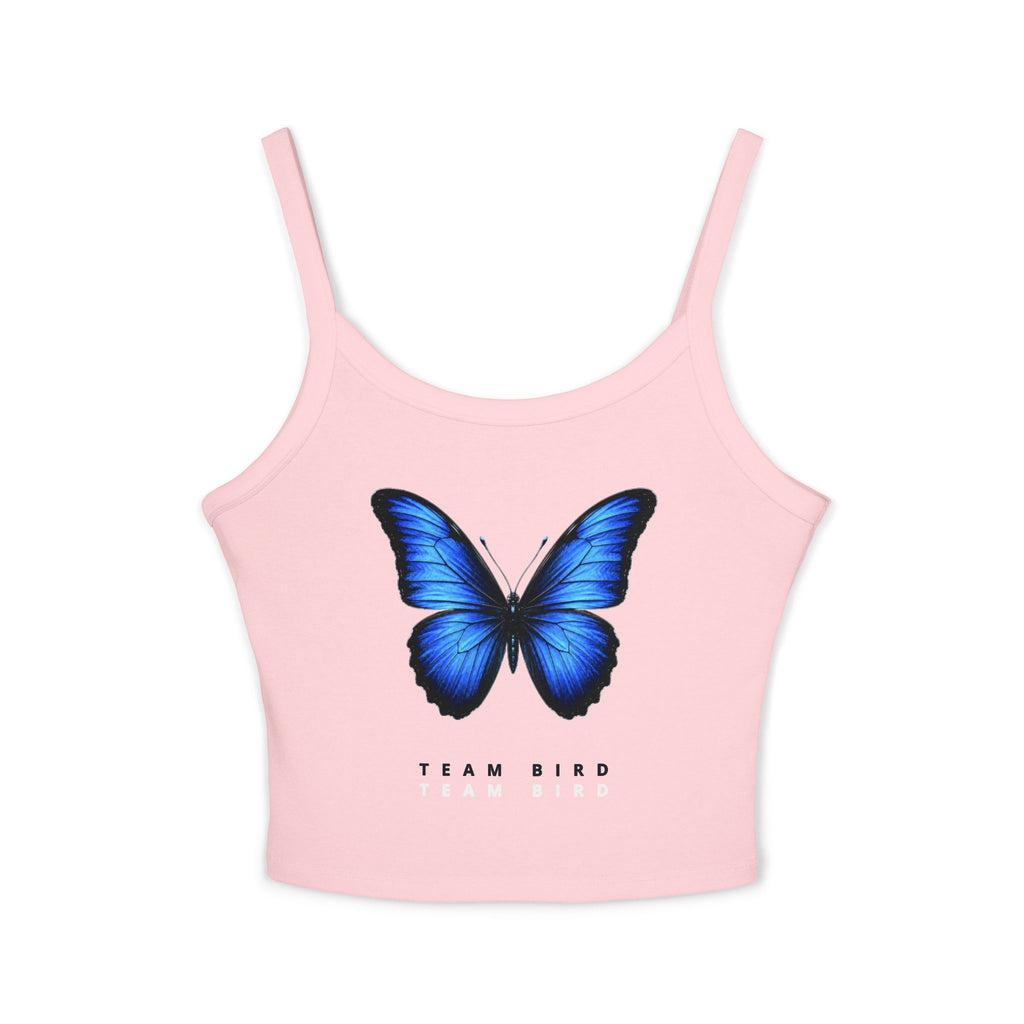 Blue Butterfly Crop Tank — "Team Bird" Women's Spaghetti Strap Top