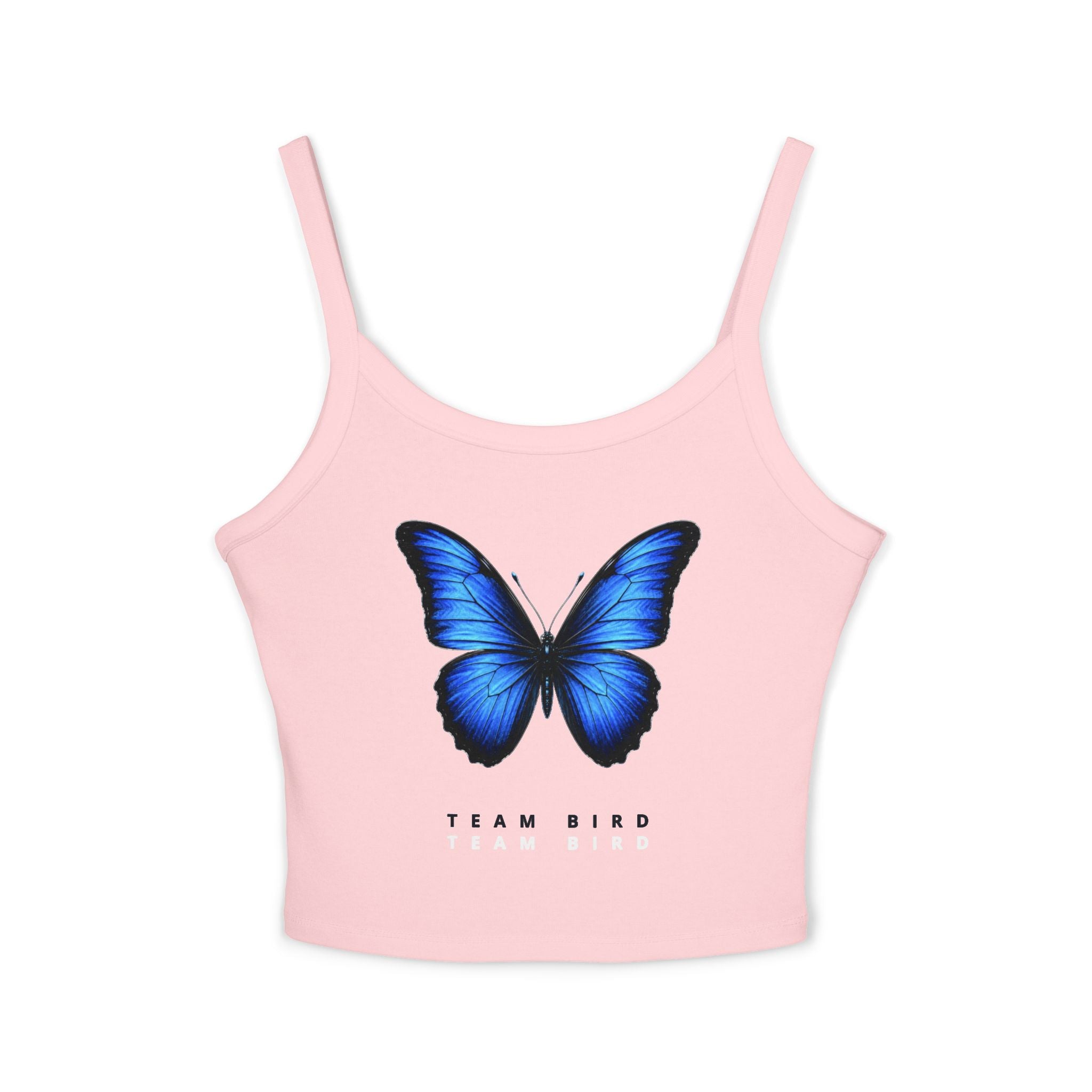 Blue Butterfly Crop Tank — "Team Bird" Women's Spaghetti Strap Top