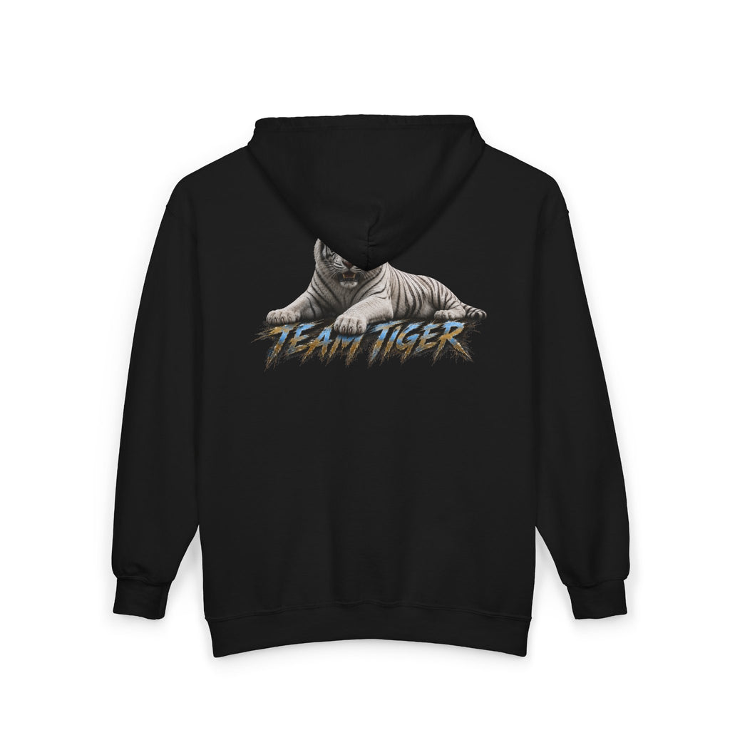 Team Tiger Zip-Up Hoodie — Retro Graphic White Tiger Back Print