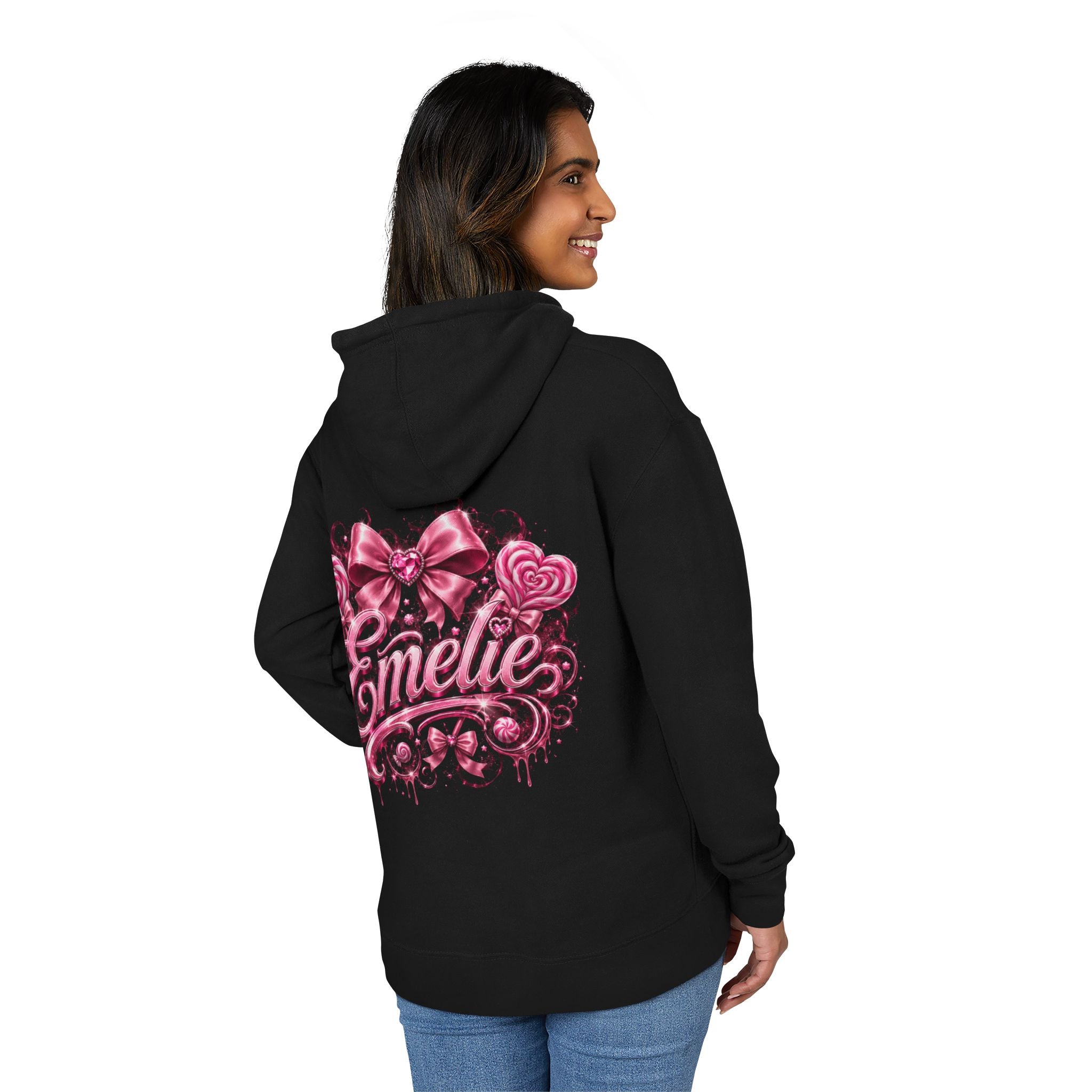 Name Personalized Hoodie — Pink Ribbon Candy Script Back Design