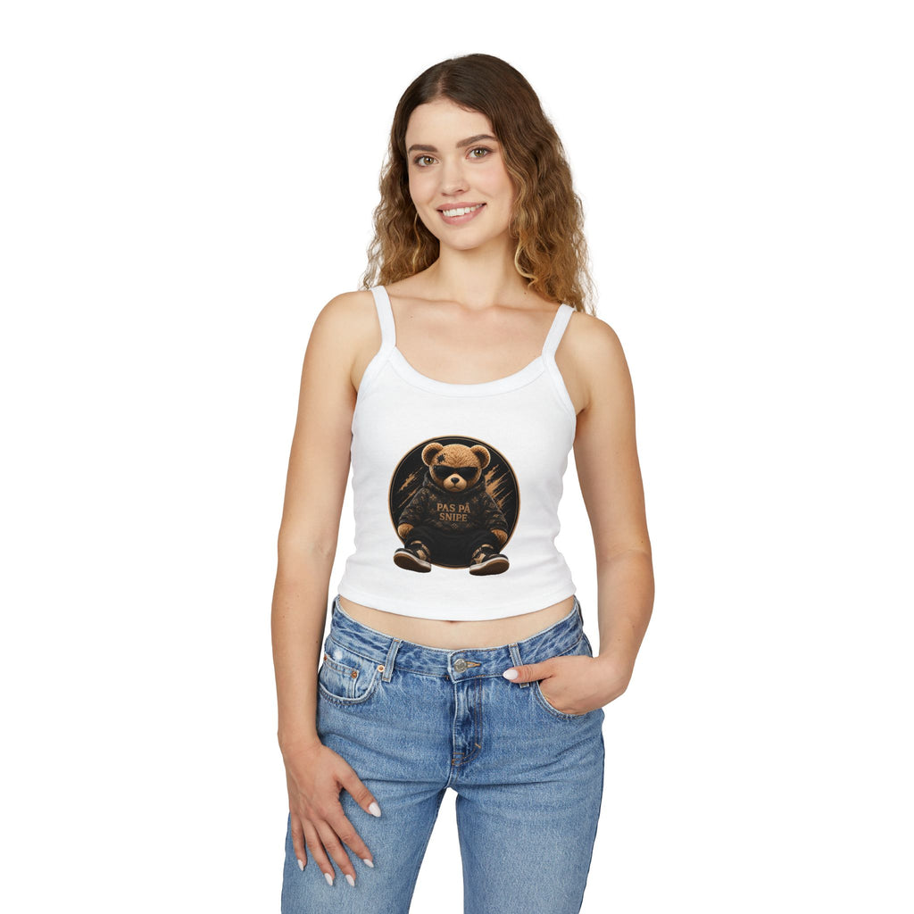 Teddy Bear Graphic Tank Top — "Pas På Snipe" Cute Vintage Bear Crop Top