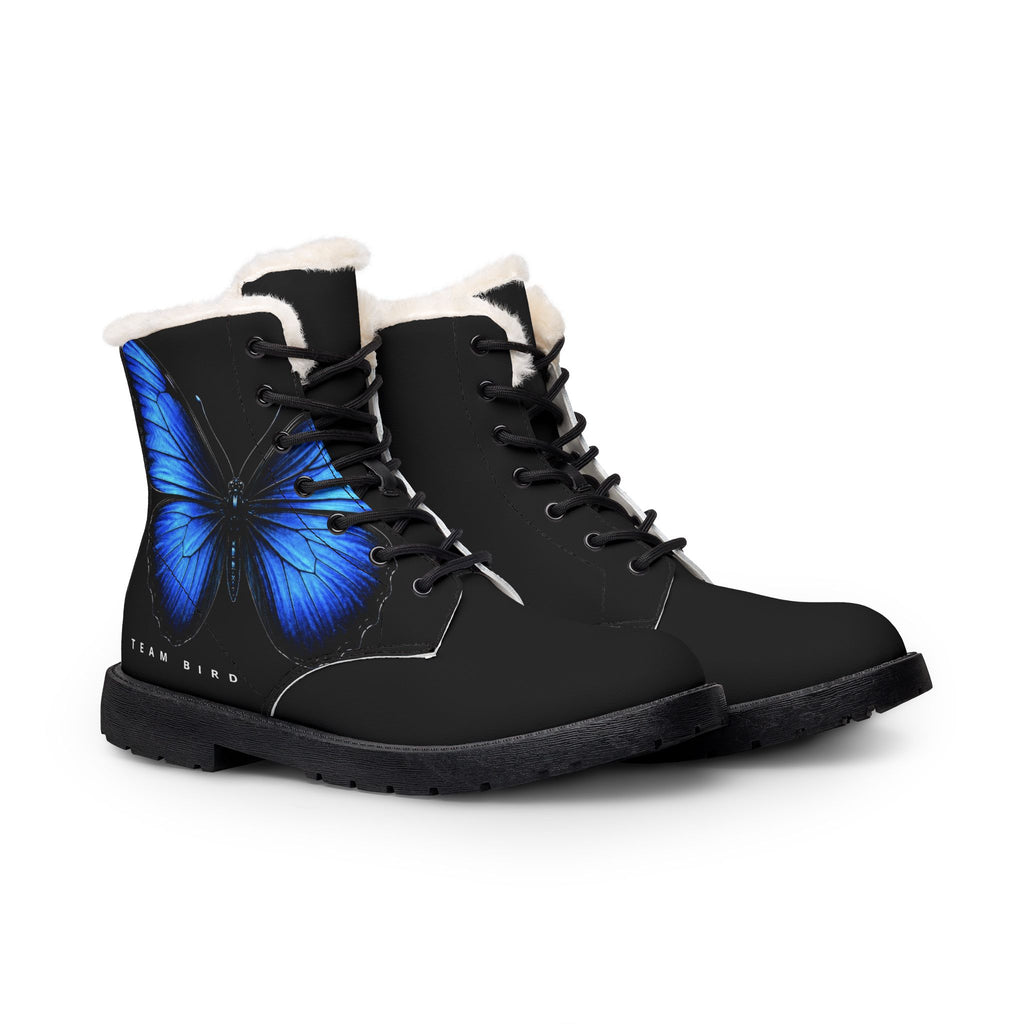 Women's Leather Fur-Lined Boots with Blue Butterfly Design