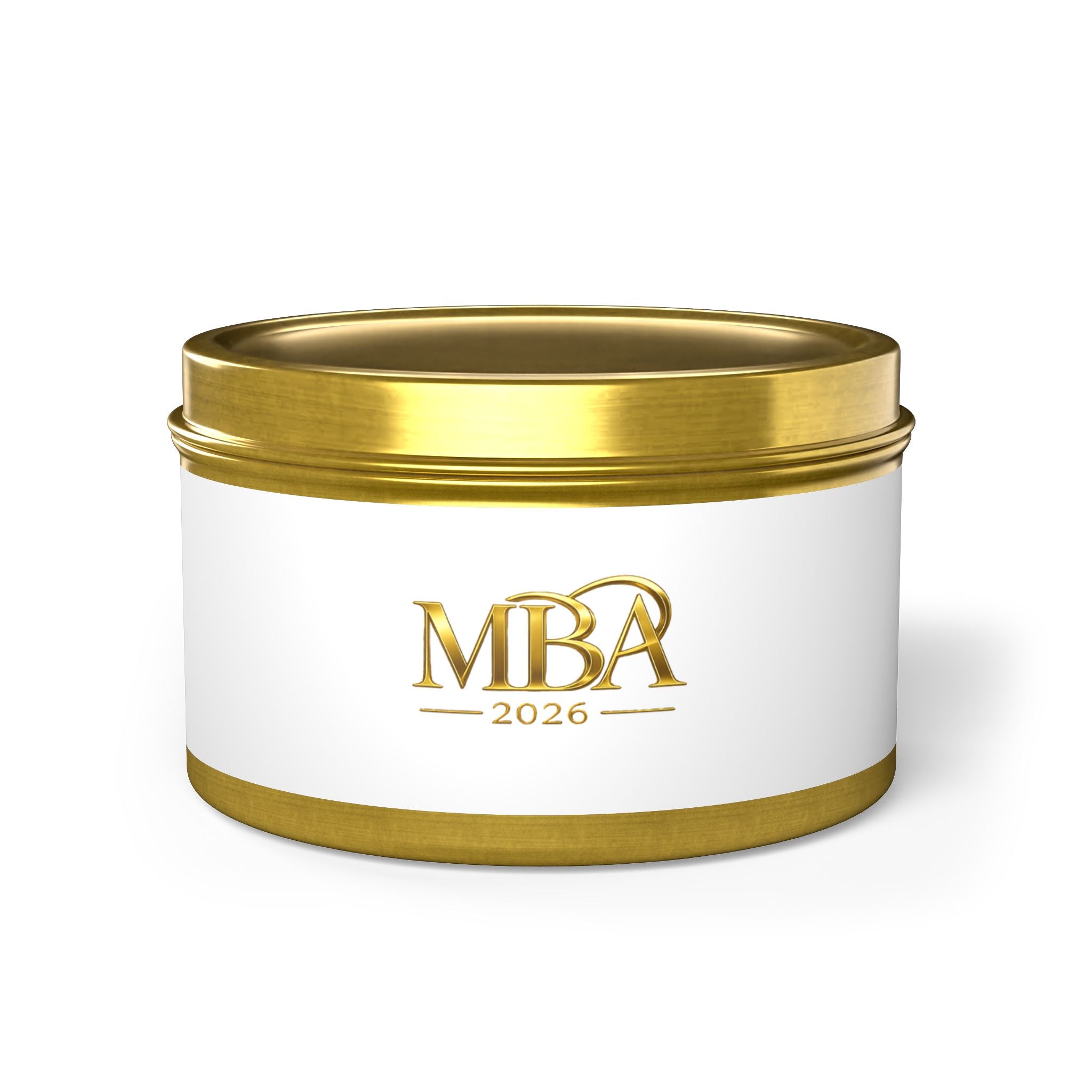 MBA 2026 Gold Logo Tin Candle — Luxury Scented Gift